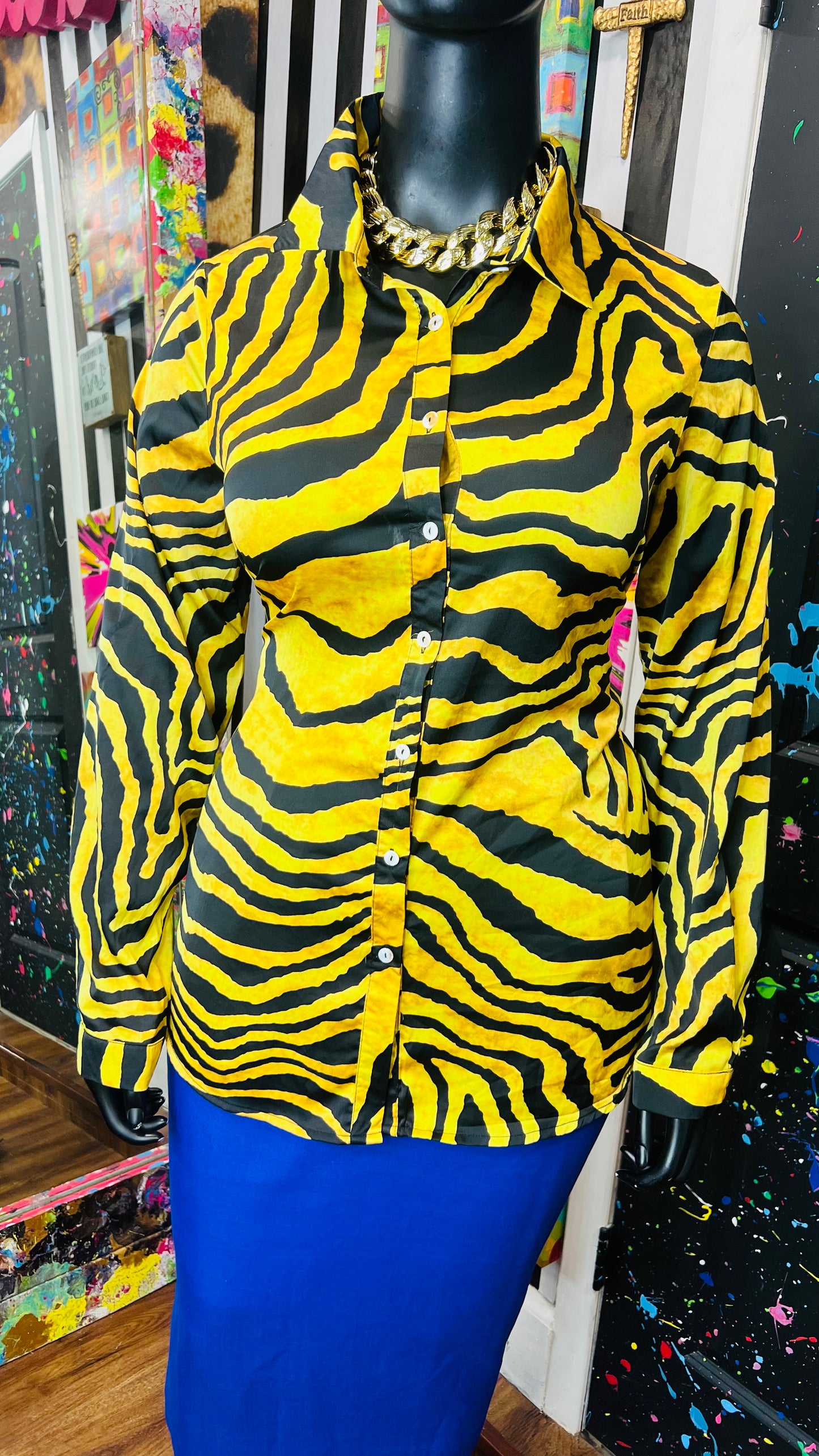 Gold Tiger Print Blouse Long Sleeve Blouse (20)