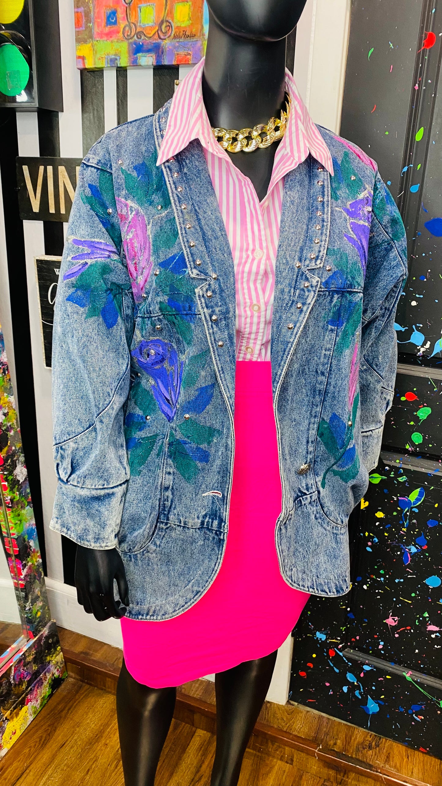Plus size Vintage Stone Wash Hand Painted Denim Jacket (14)