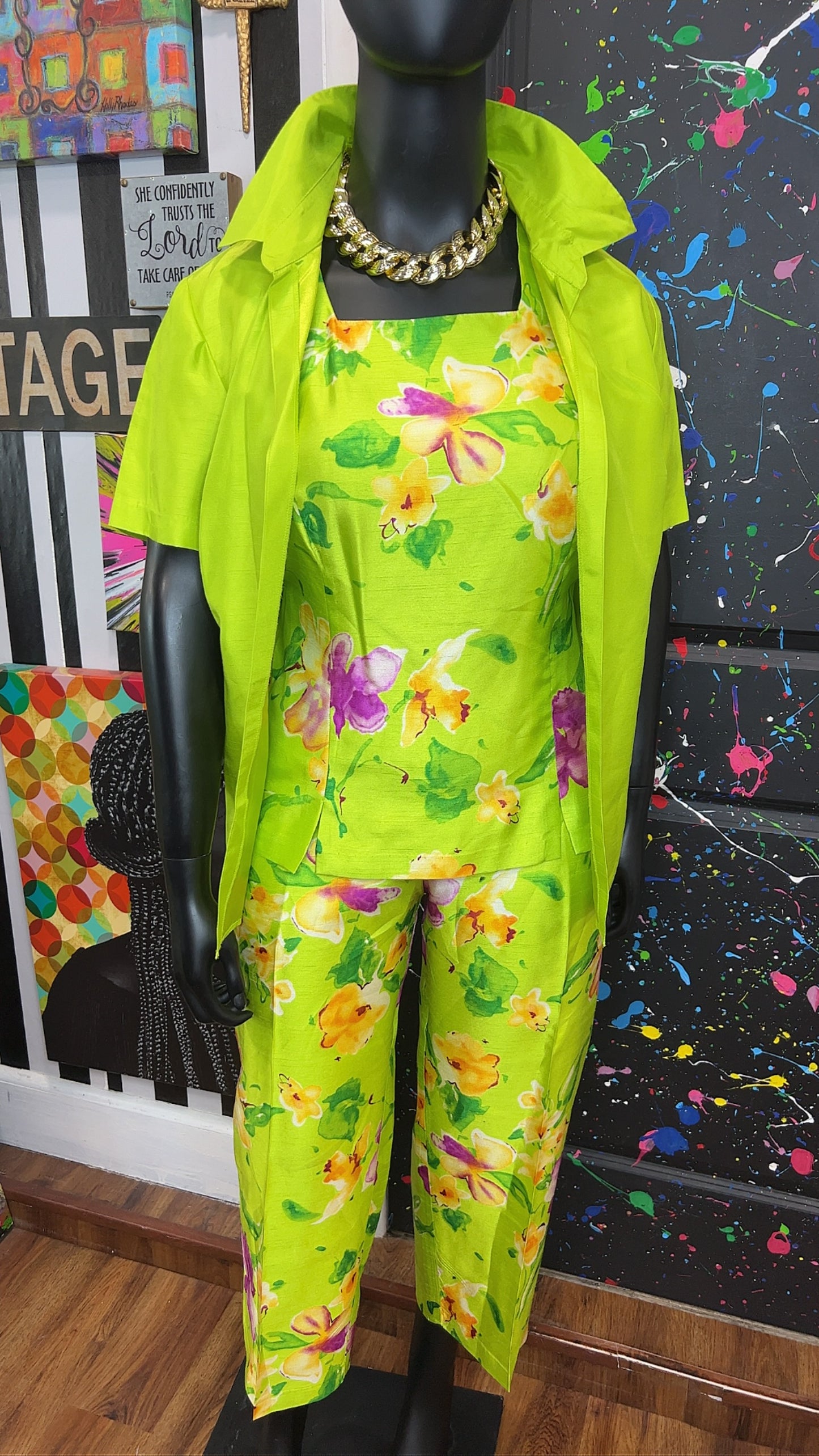 Vintage Green & Floral 3 Piece Pants Set (18W)