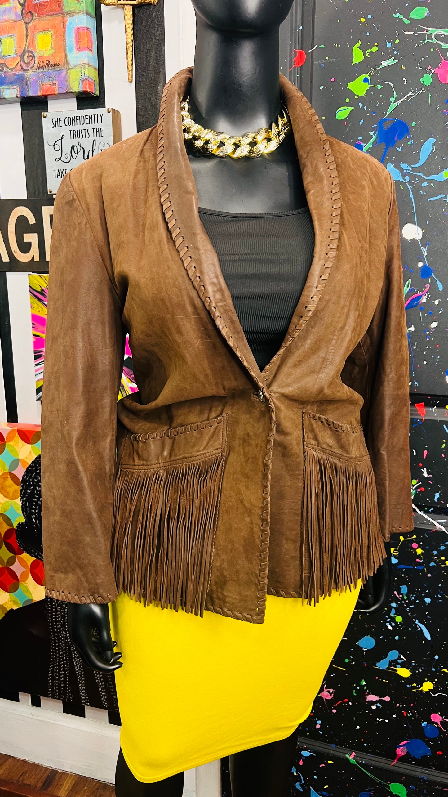 Vintage Genuine Leather Brown Fringe Blazer (18)