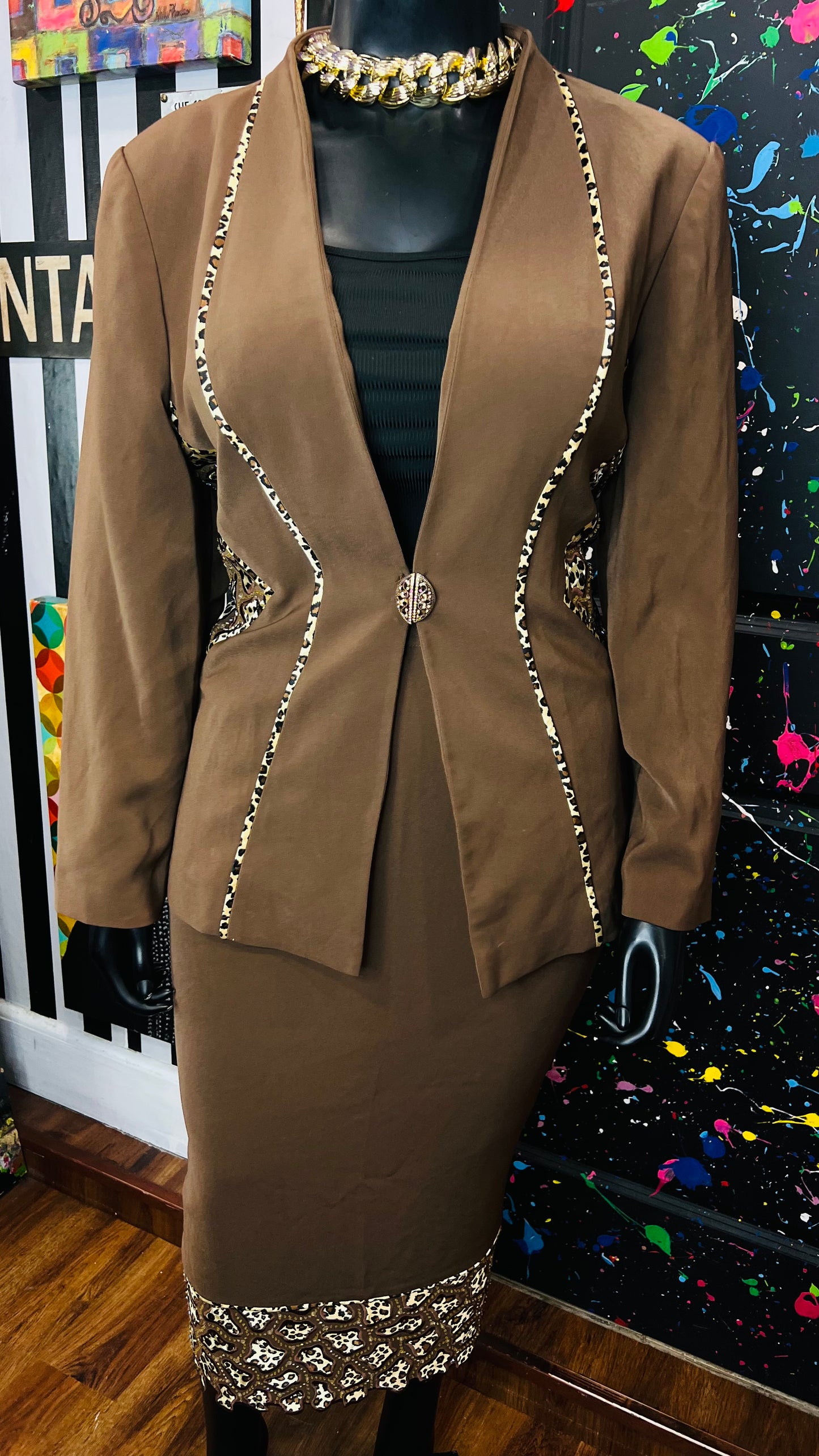 Vintage Chocolate & Animal Print Skirt Suit (18)