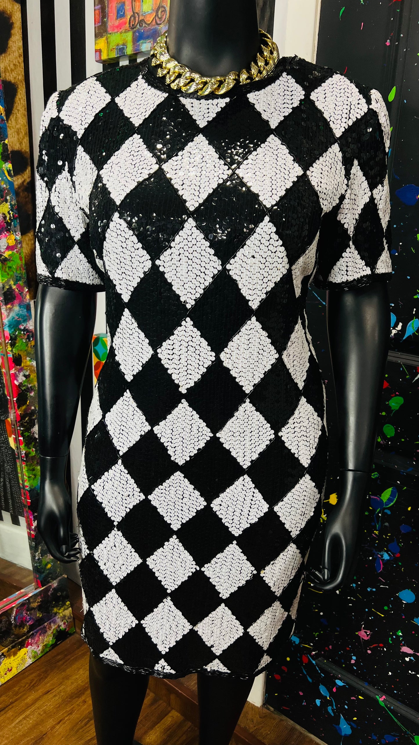 Vintage Black & White 100% Silk Sequin Dress (14)