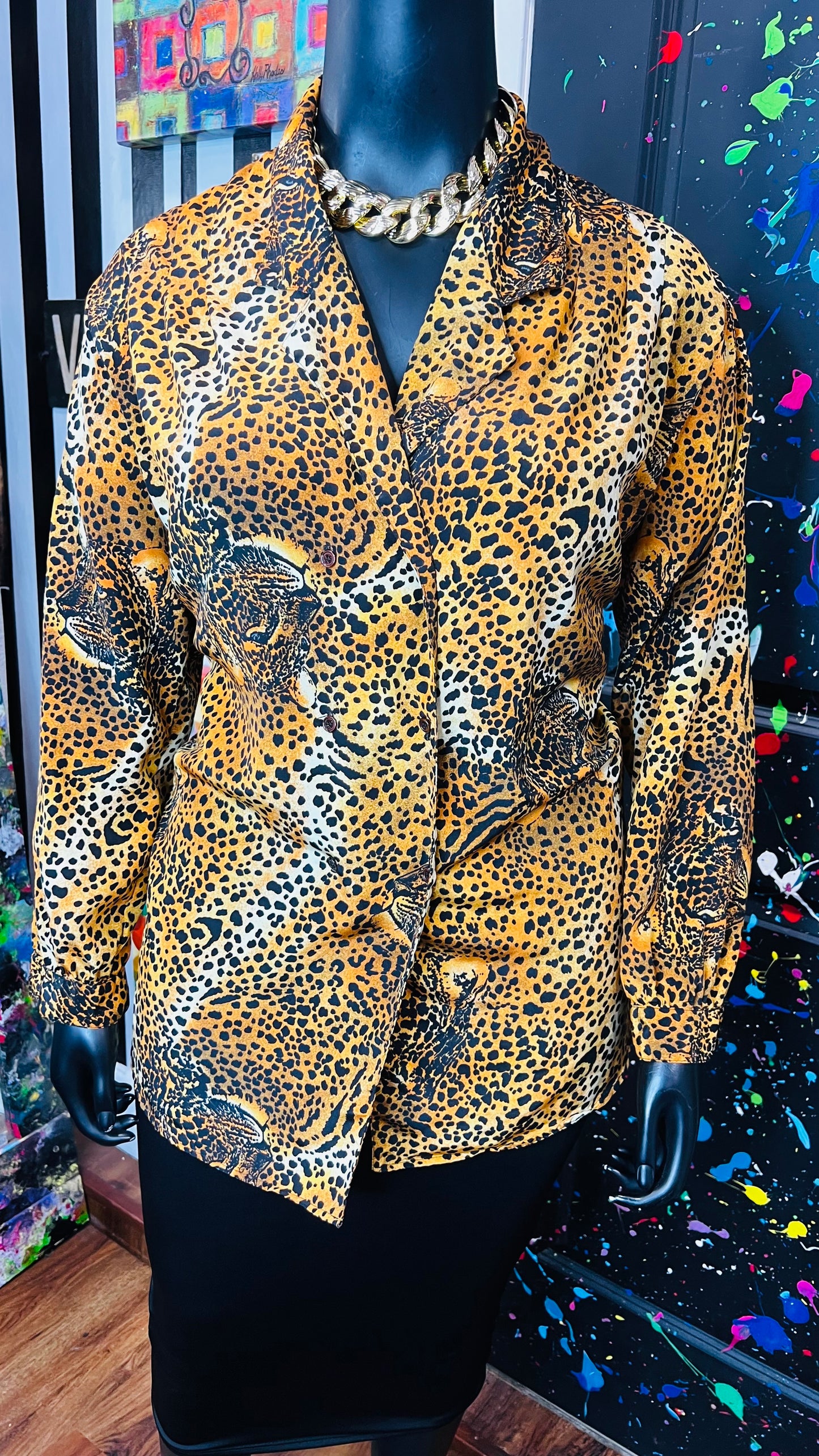 Vintage Dounle Breasted Leopard Print Blouse