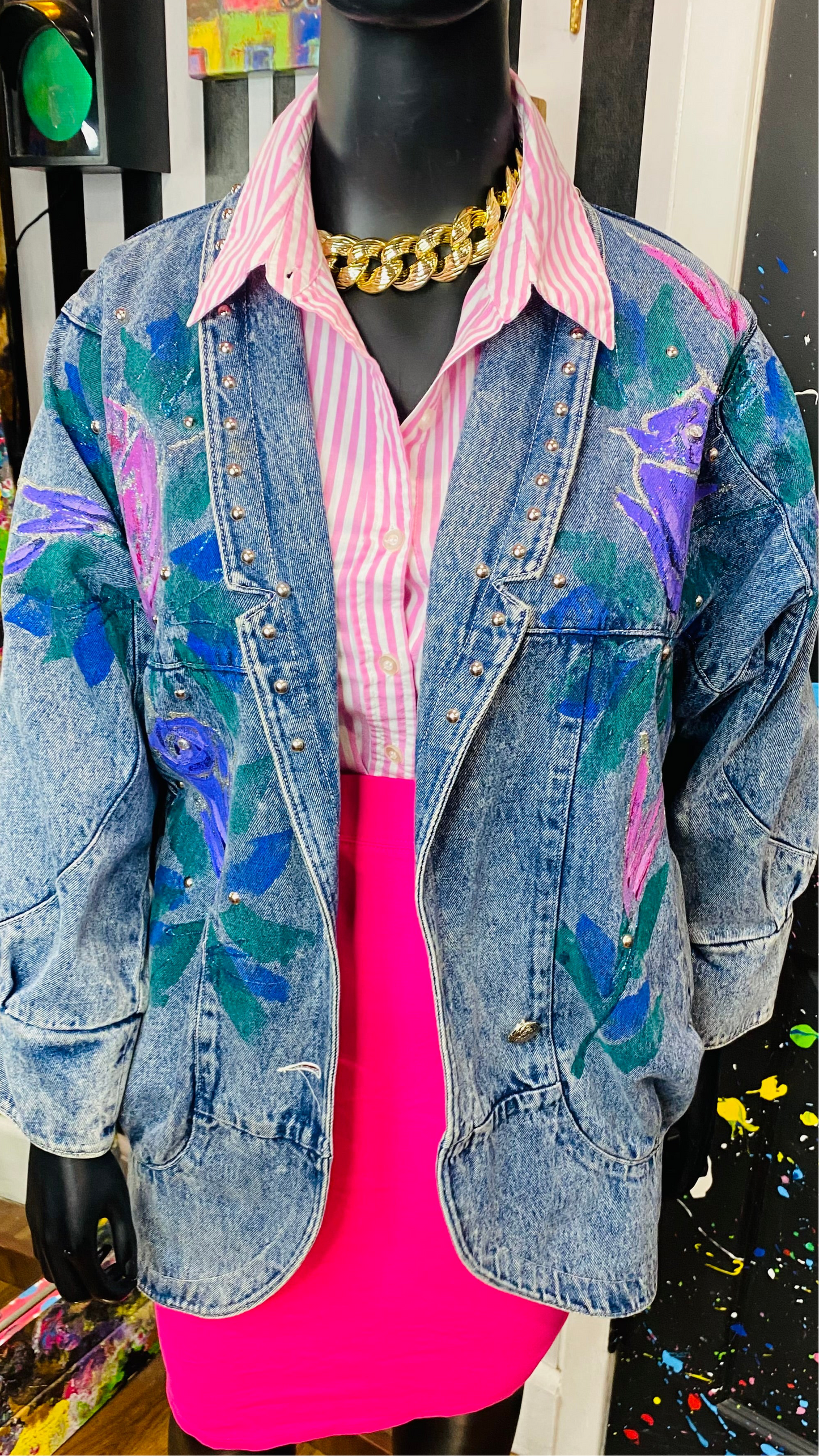 Plus size Vintage Stone Wash Hand Painted Denim Jacket (14)