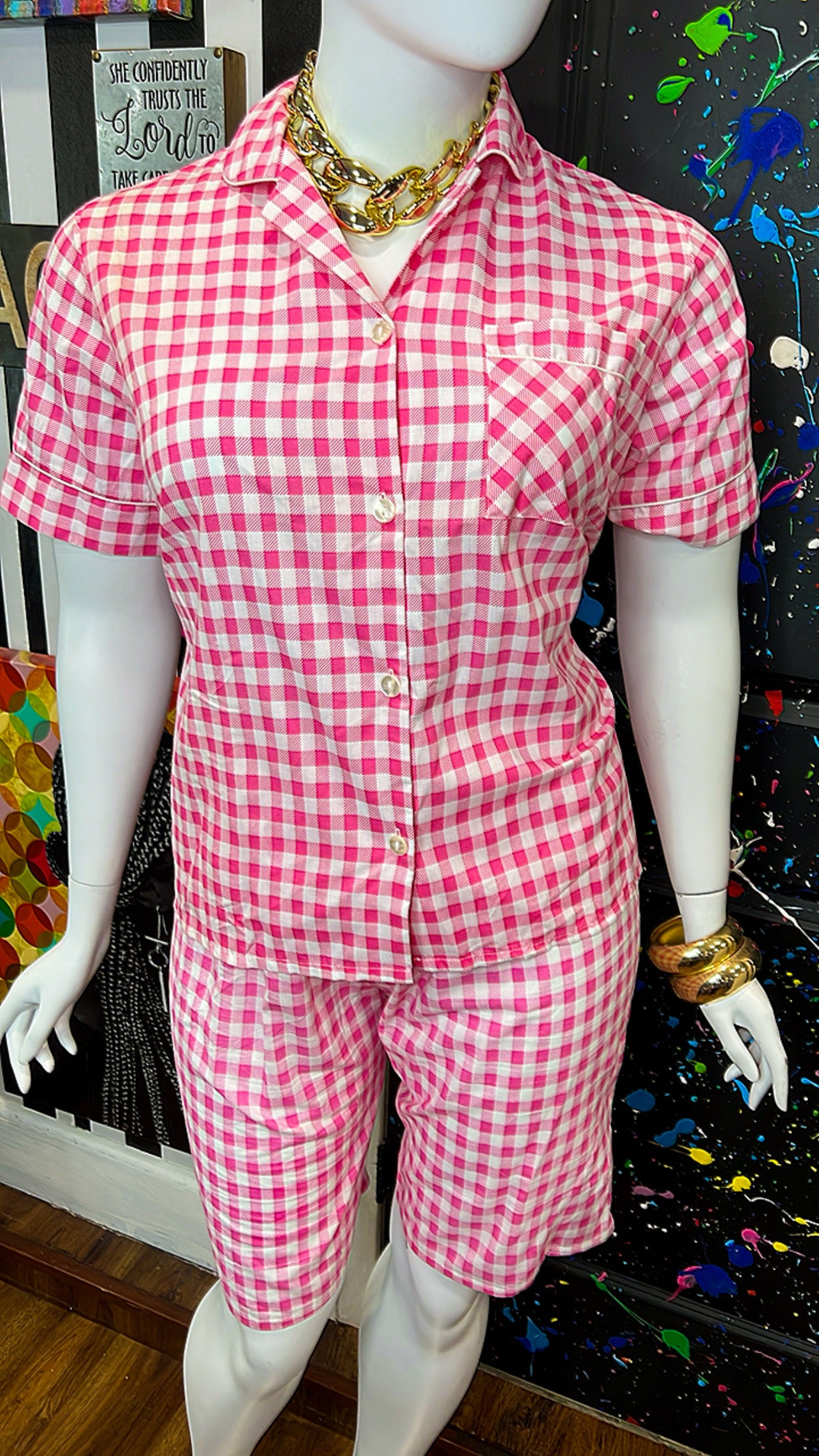 Vintage Pink & White Cotton Shorts Set (16)