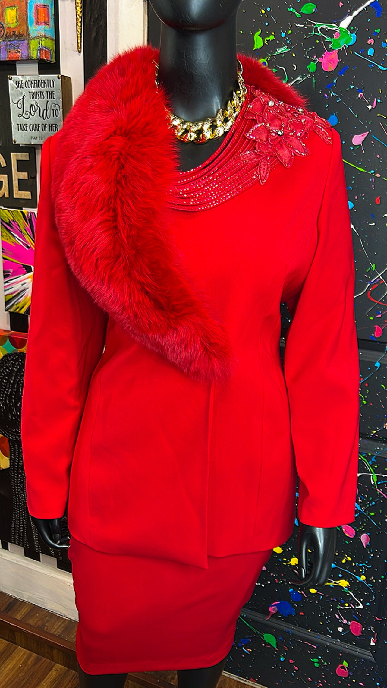 Vintage Couture Red Faux Fur Skirt Suit (20)