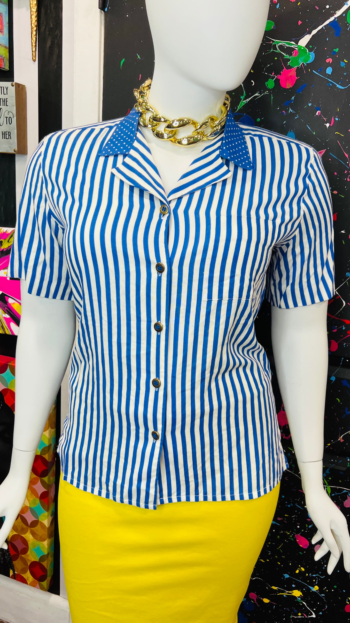 Vintage Blue & White Striped Polka Dot Blouse (14)