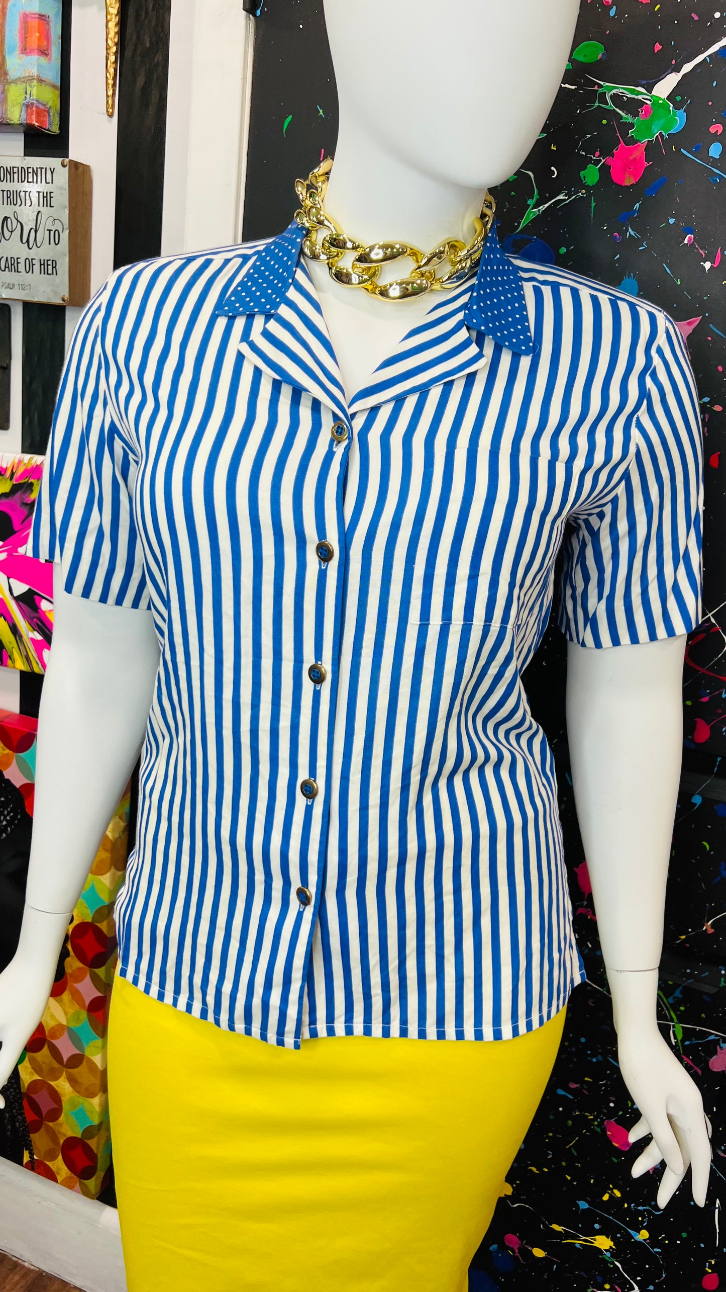 Vintage Blue & White Striped Polka Dot Blouse (14)