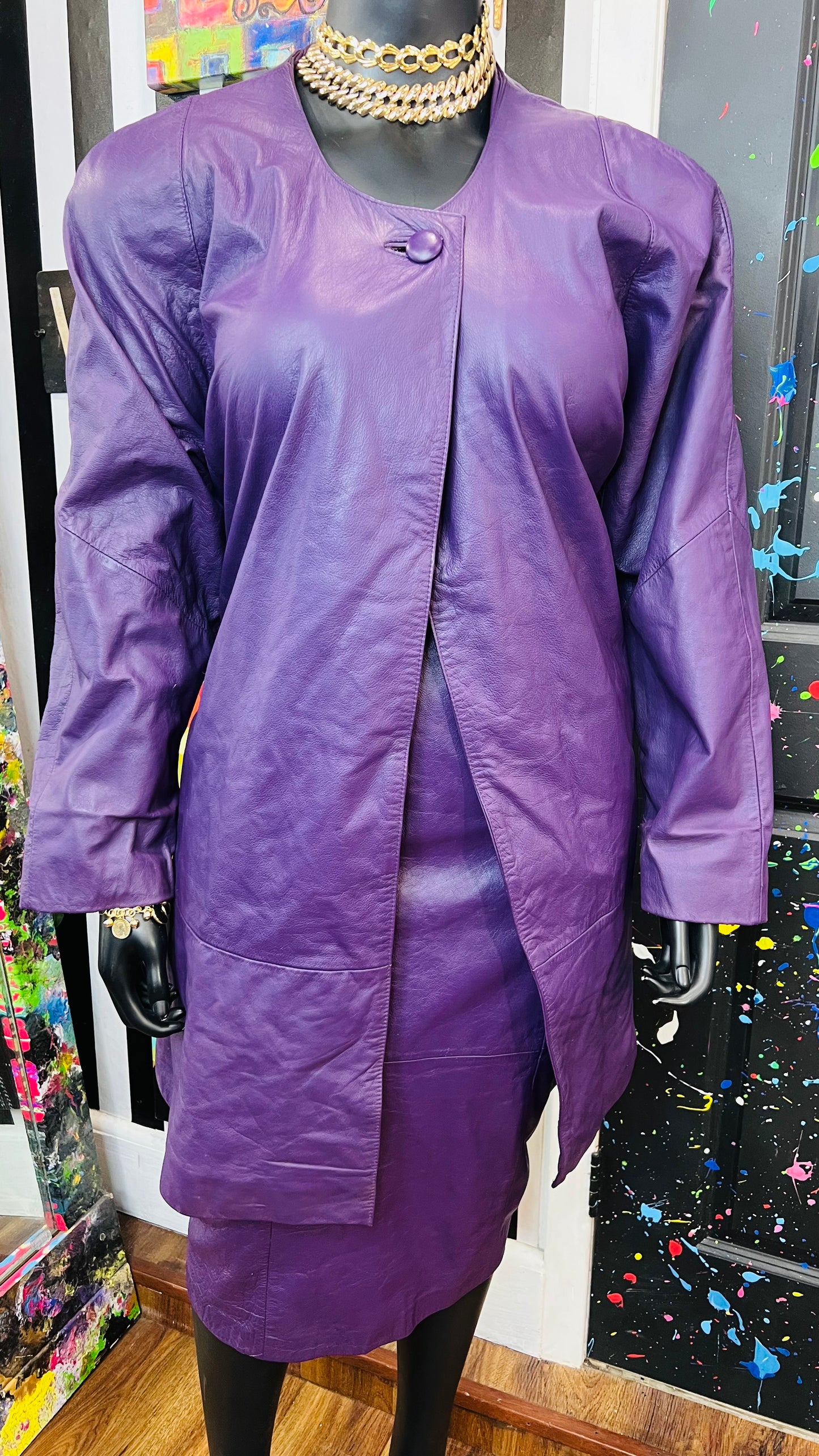 Vintage Genuine Leather Purple Swing Coat & Skirt Set (22)