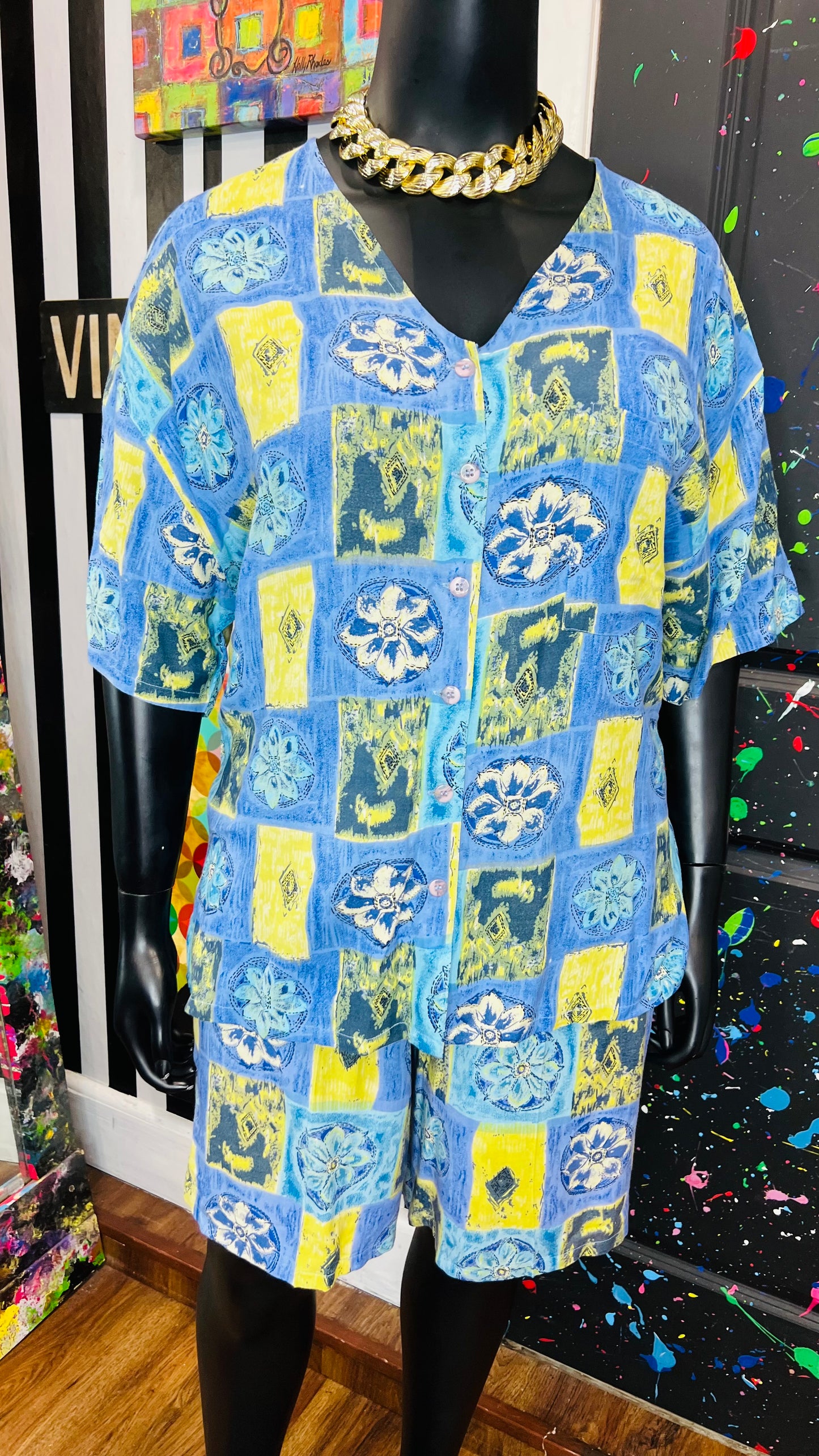 Vintage Rayon Abstract Shorts Set w/ Drawstring Waist (20)