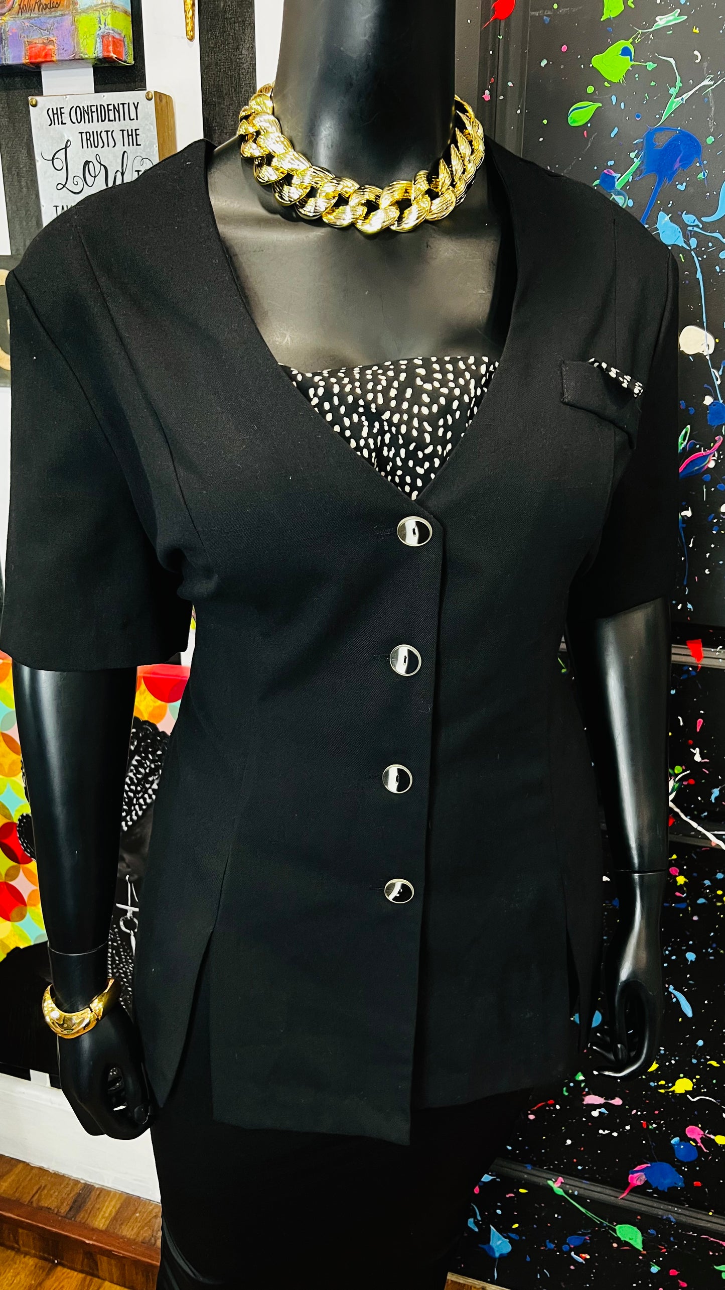 Vintage Black & Polka Dot Blazer Blouse (24W)