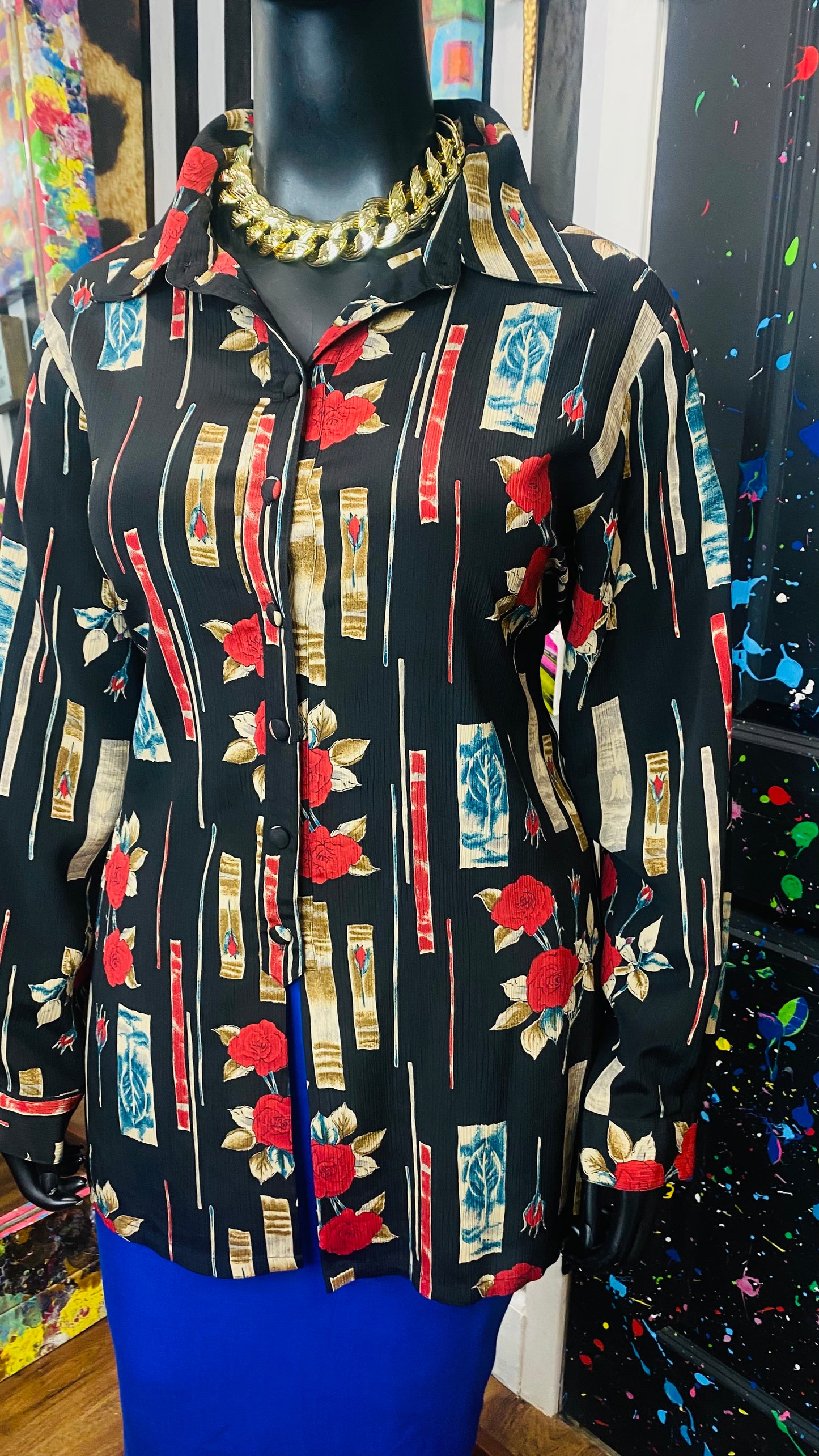 Vintage Black Blue & Red Rose Blouse (22)