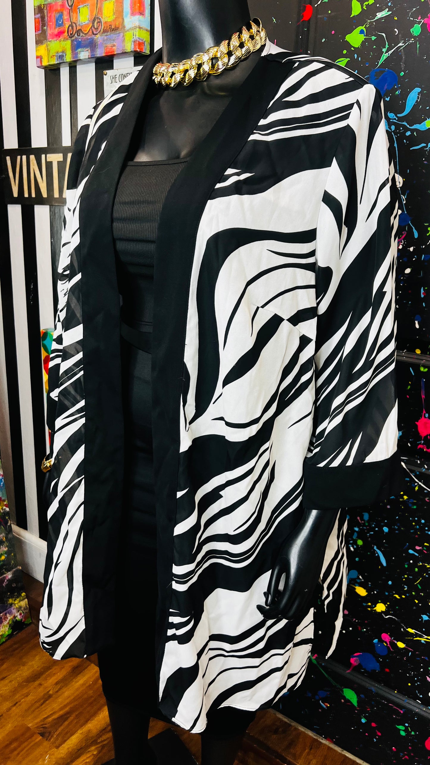 Vintage Open Black & White Sheer Duster (OS) up to 22