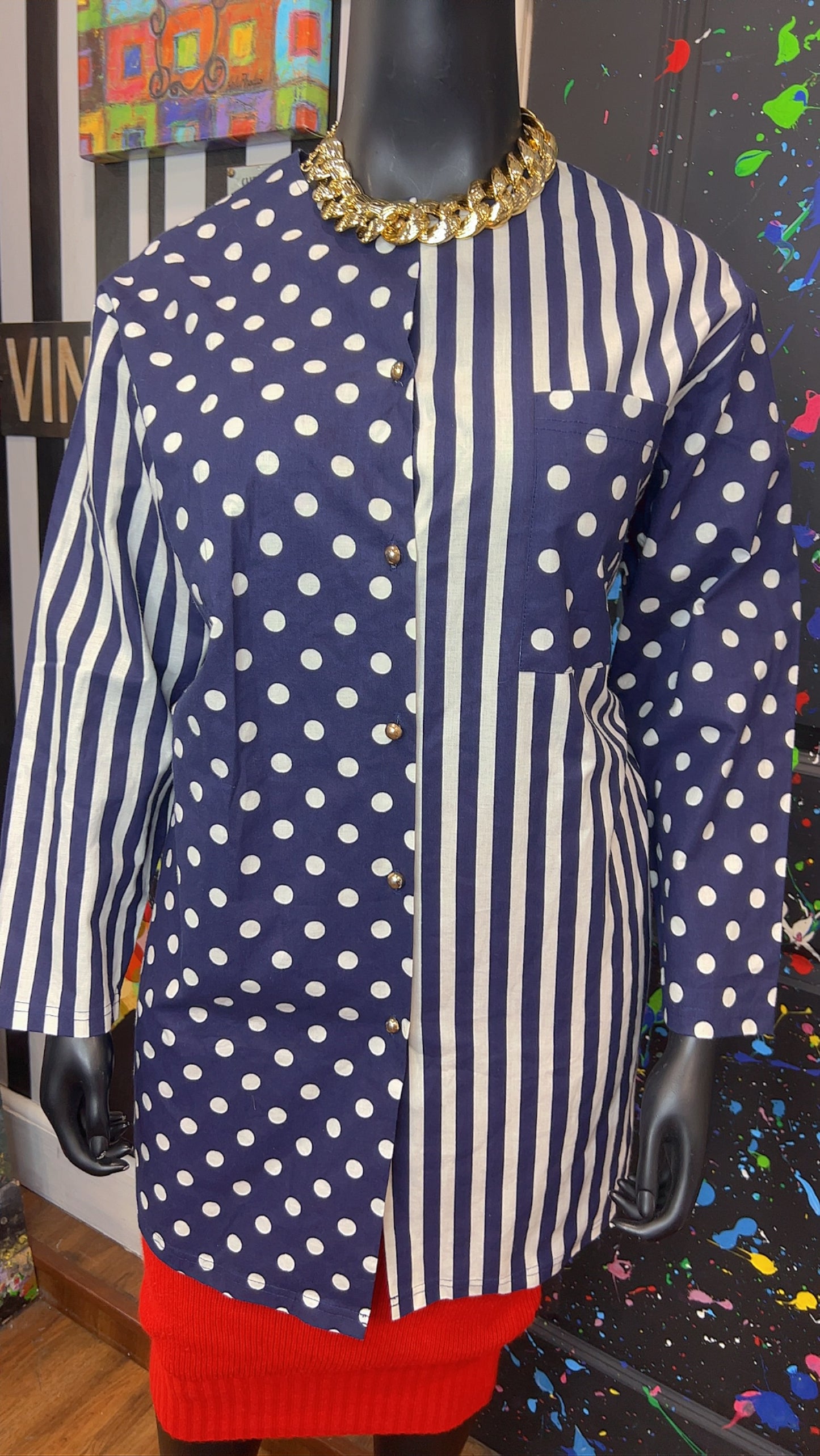Vintage Navy Blue & White Mix Print Blouse (16)