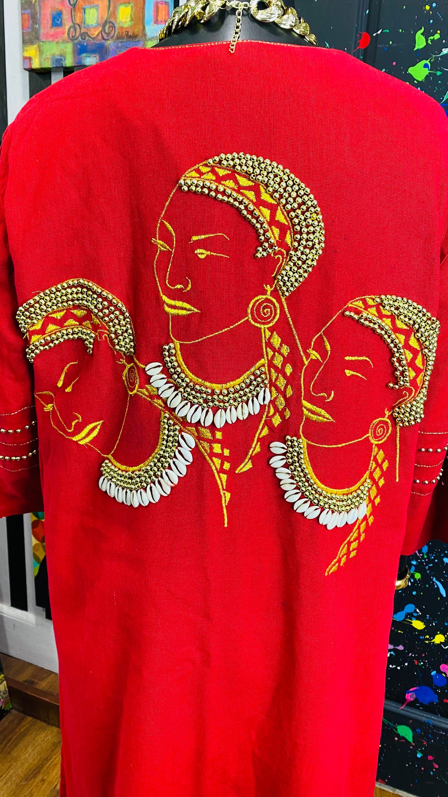 Vintage Traditional African Red & Gold Beaded 3 Piece Cotton Pants Set (14)