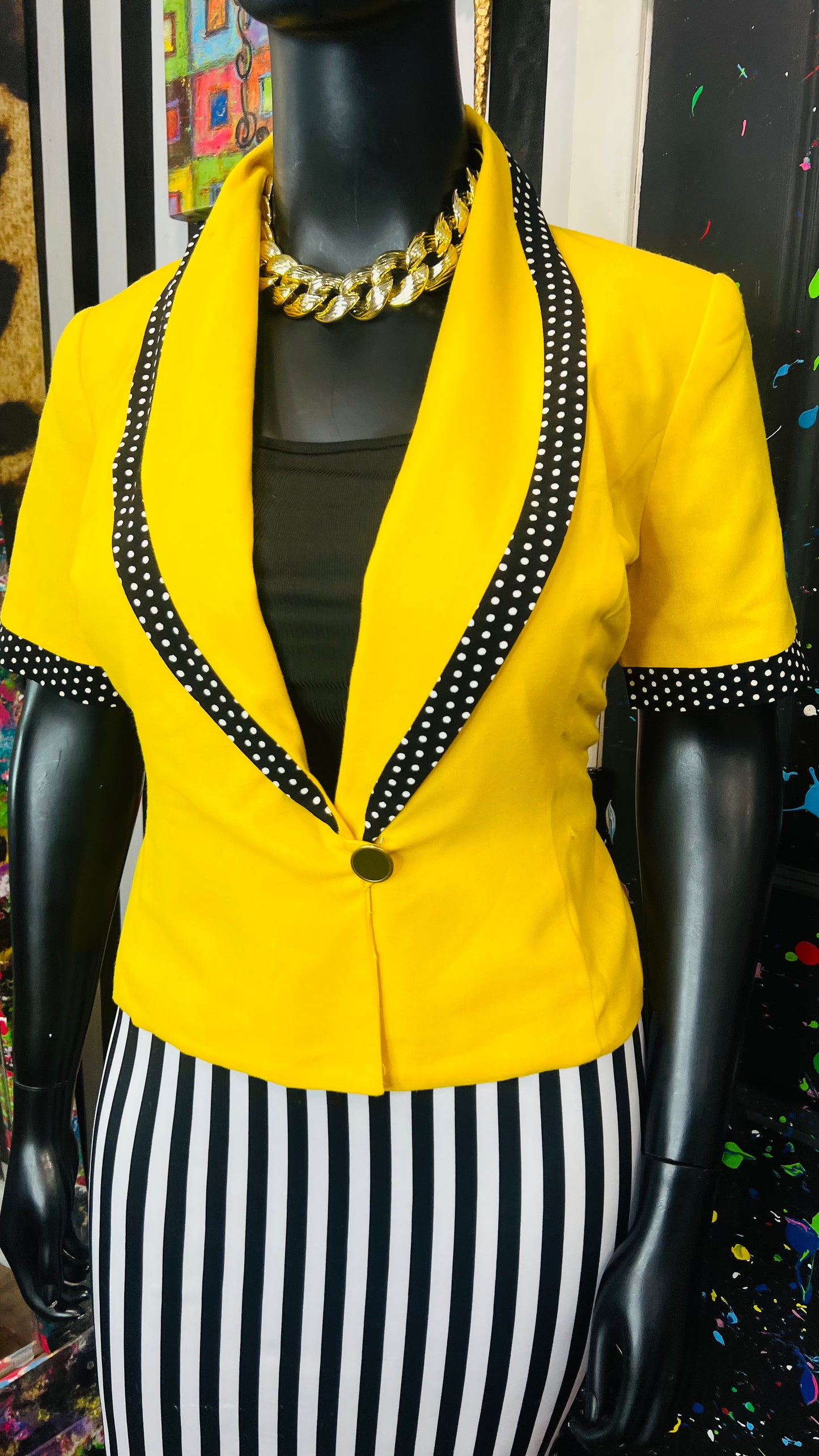 Vintage Single Button Polka Dot & Yellow Short Sleeve Blazer(12)