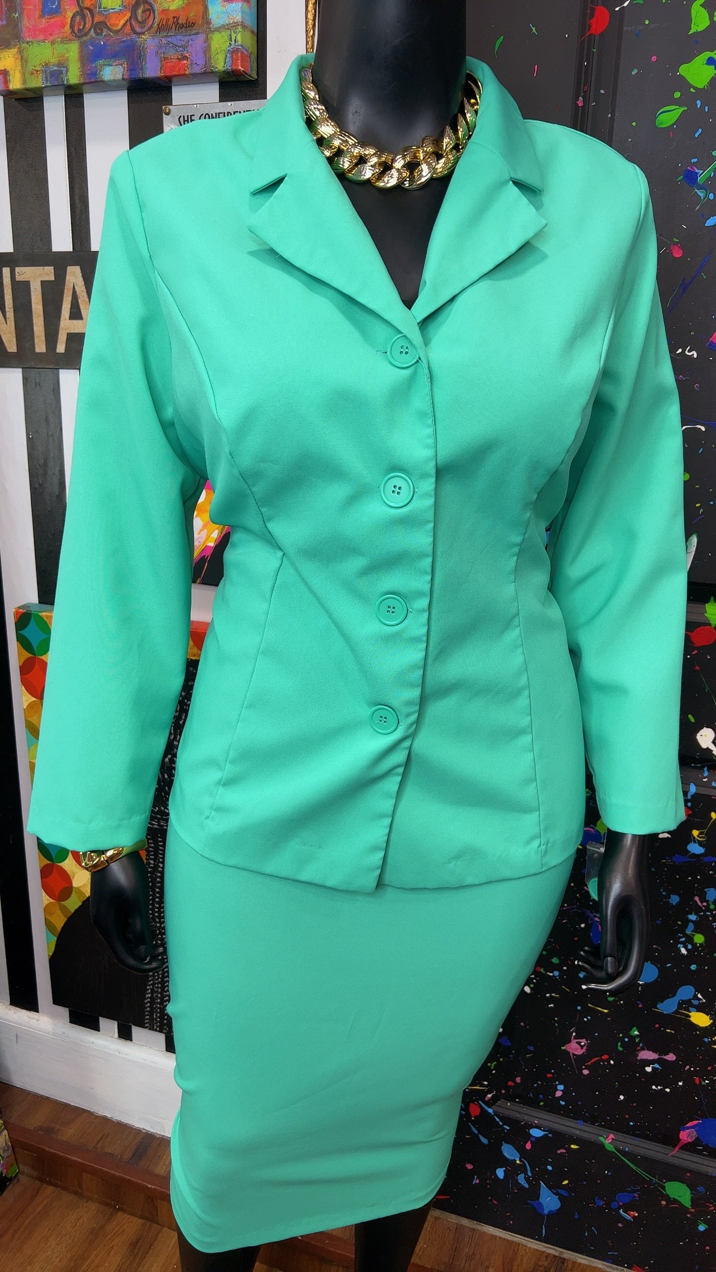 Vintage Teal Skirt & Blazer Suit (20W)