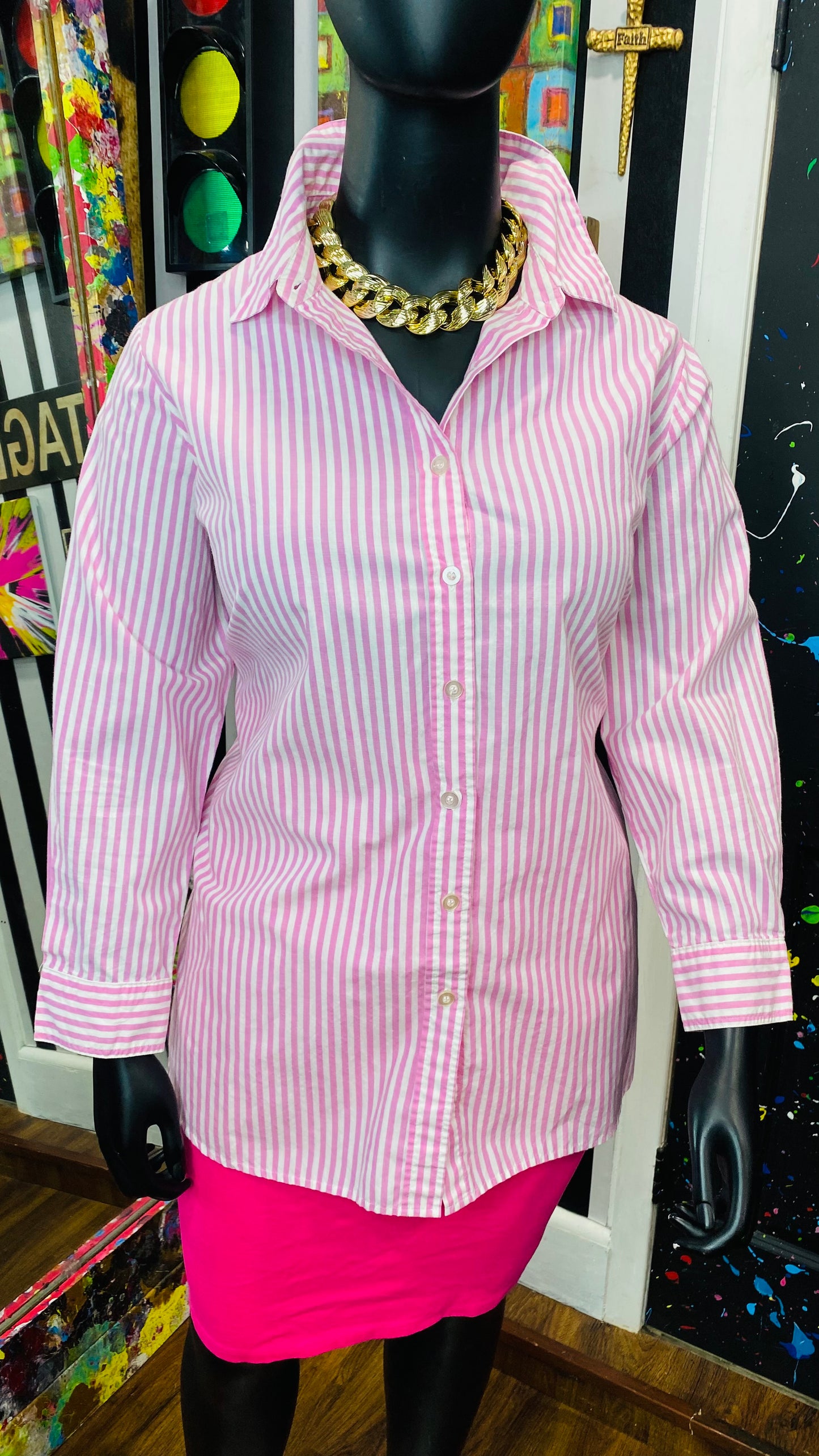 Plus Size Vintage Pink & White Striped Blouse (22)