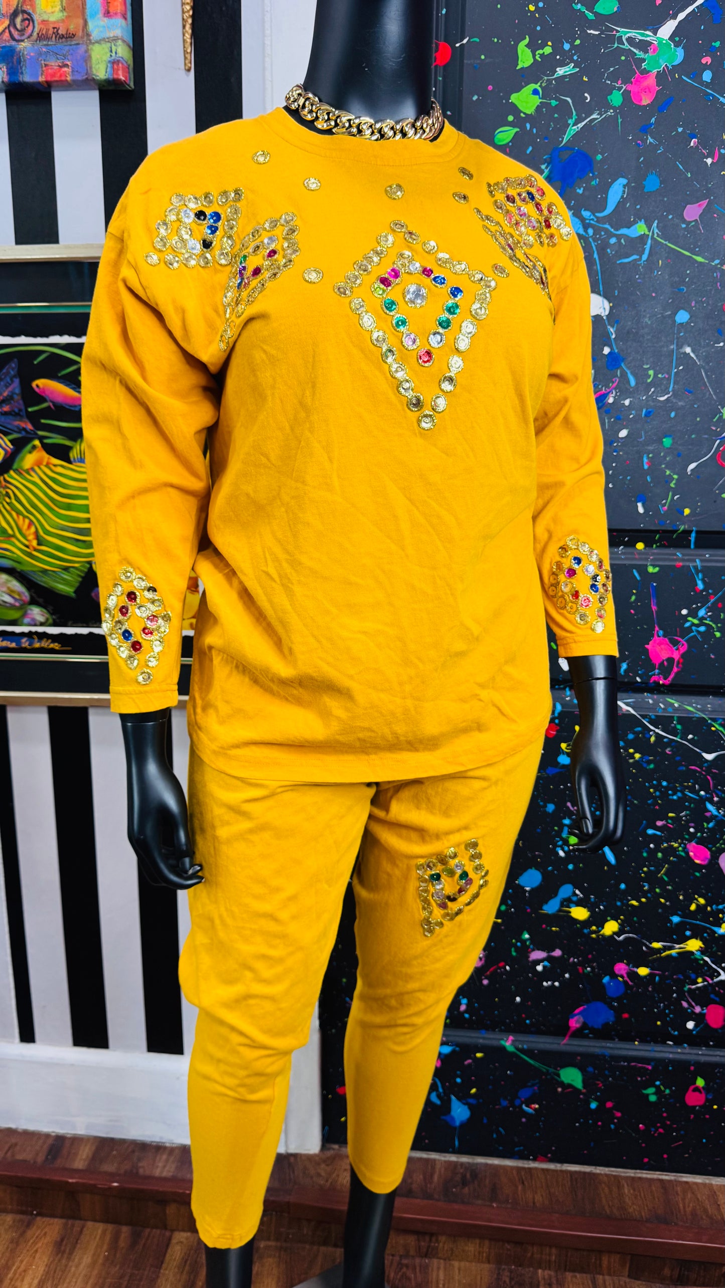 Vintage Gold Hand Painted Cotton Pants Set (18)