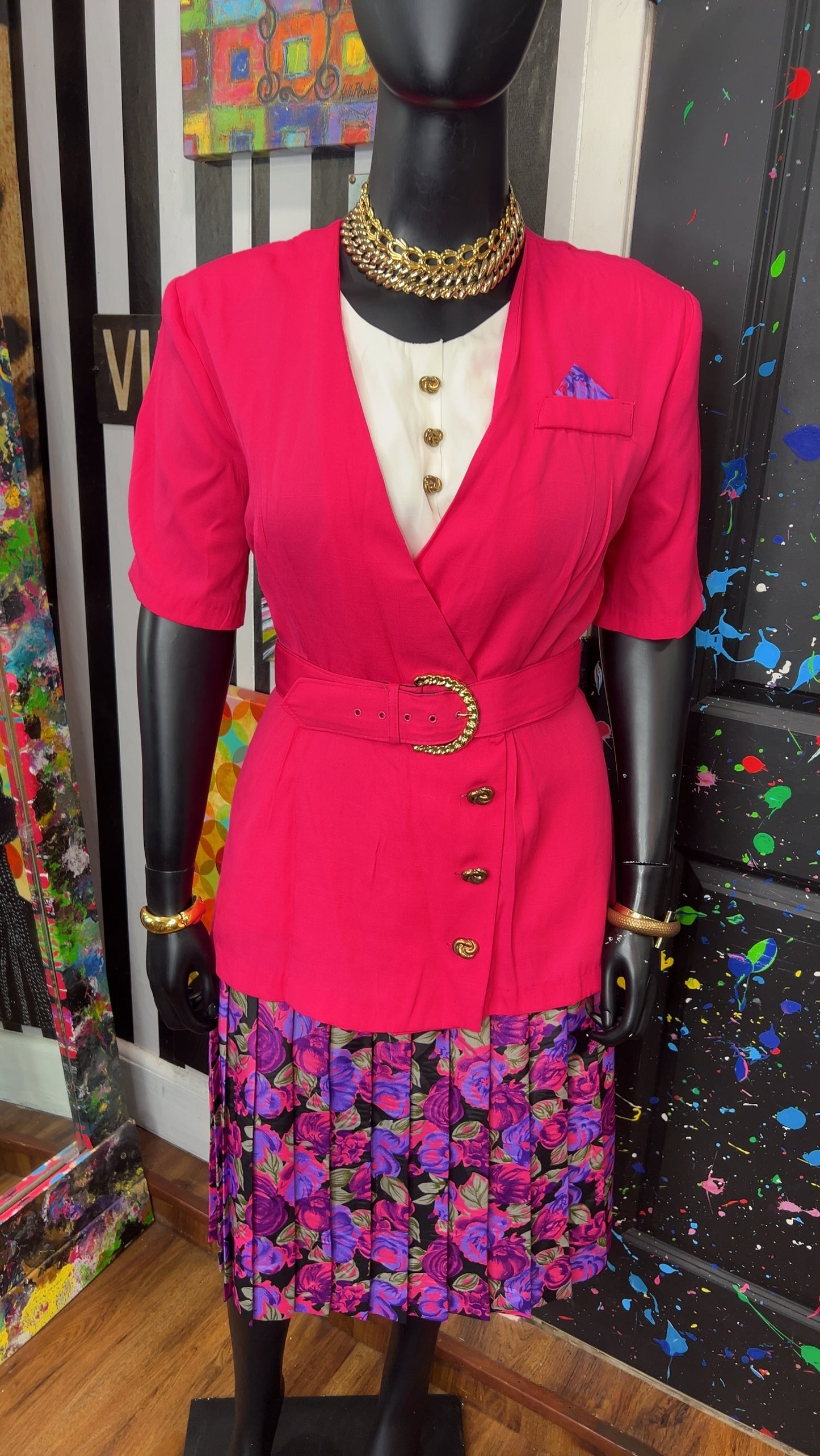 Vintage Pink & Floral Pleated Bottom Dress (18W)