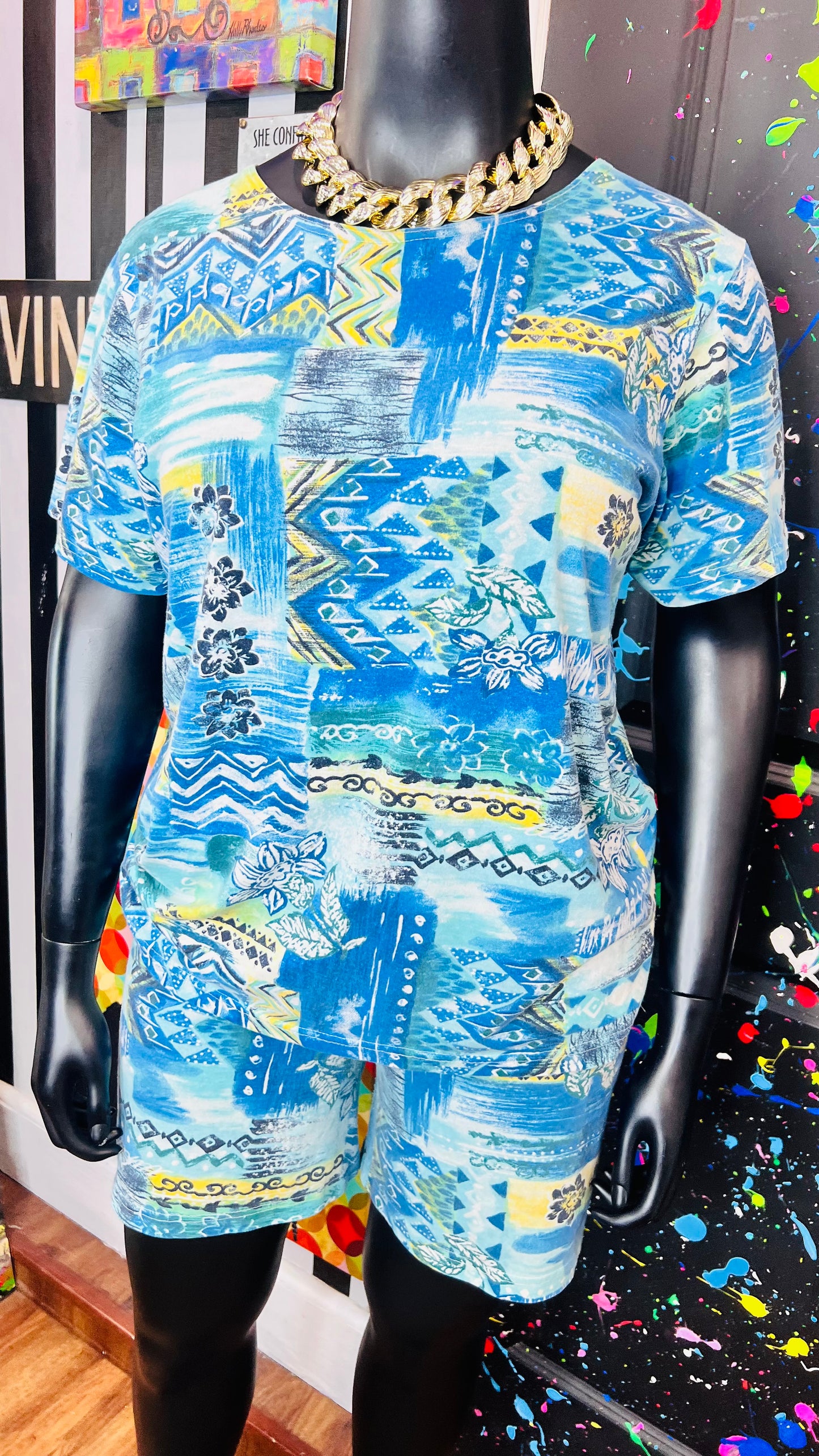 Vintage Cotton Blue Abstract Short Set (18)