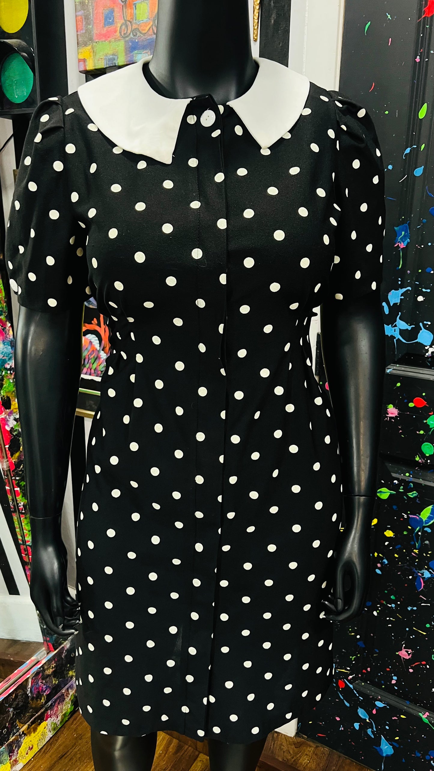 Vintage Polyester Black & White Polka Dot Dress (14) *some stretch