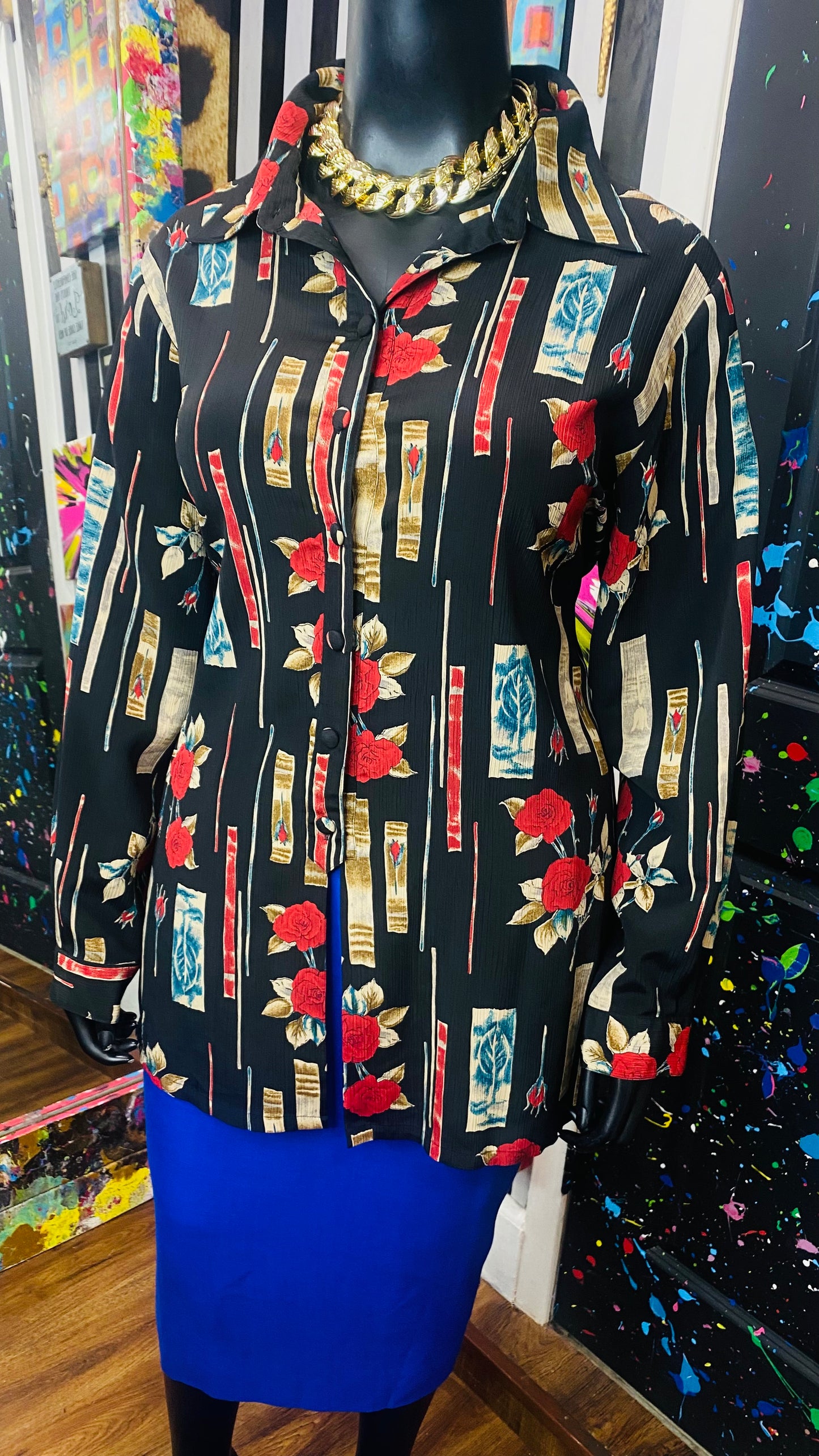 Vintage Black Blue & Red Rose Blouse (22)