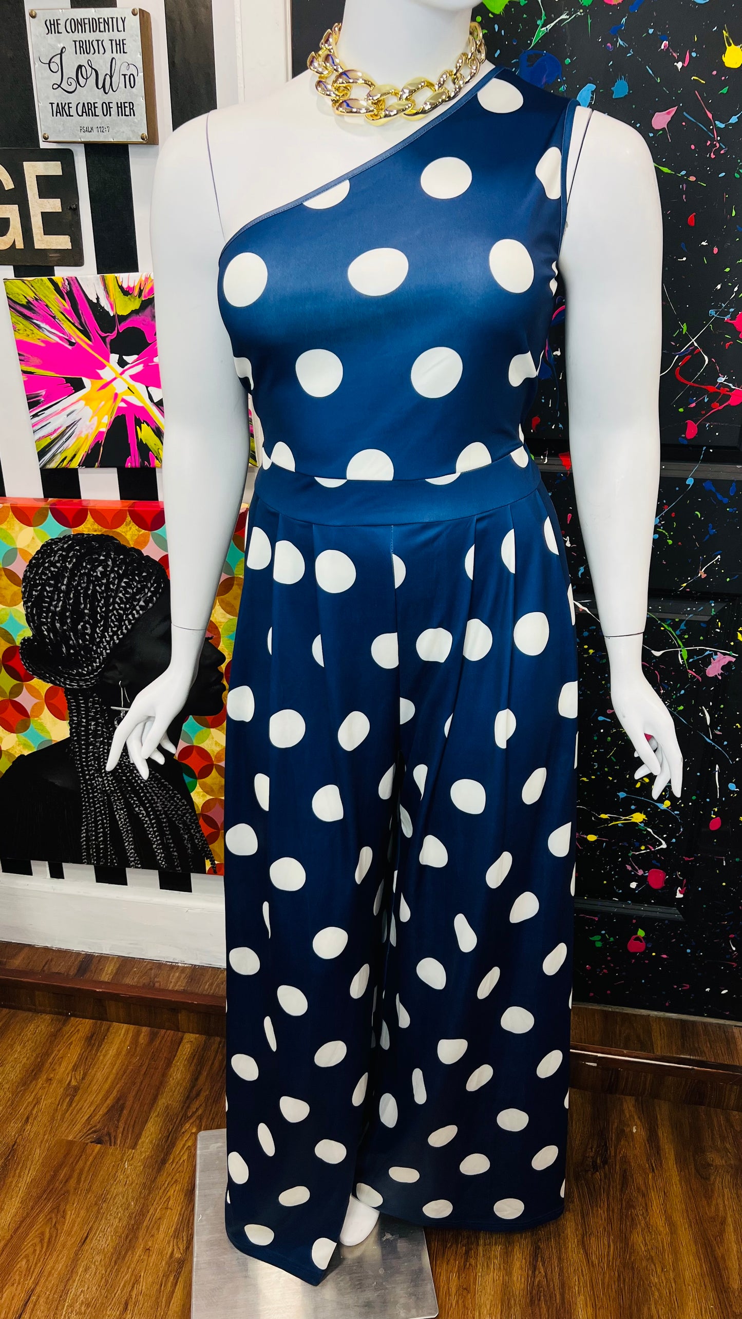 Vintage Inspired New w/ Tags Navy Blue & White Polka Dot Jumpsuit (18/20)