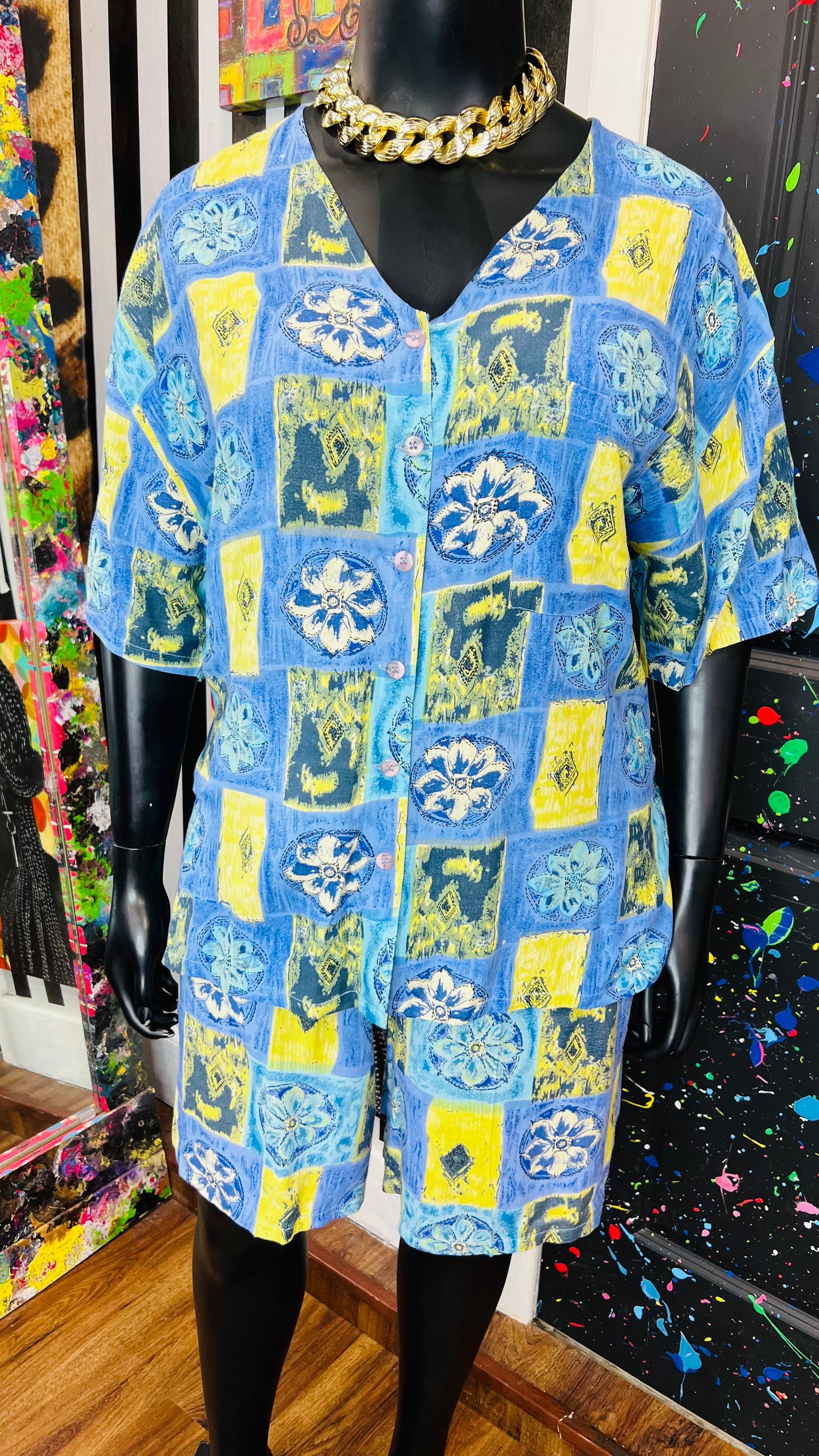 Vintage Rayon Abstract Shorts Set w/ Drawstring Waist (20)