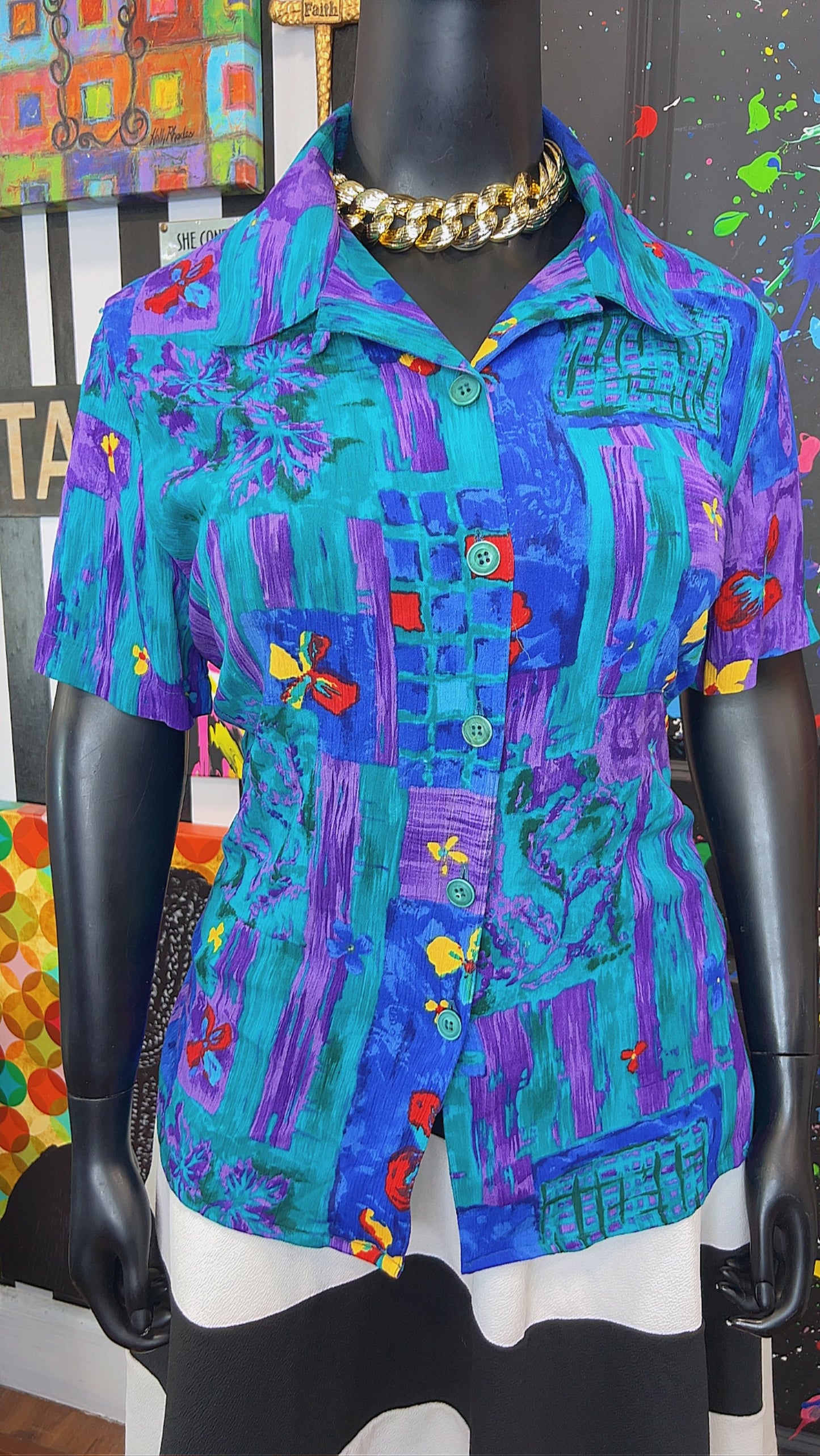 Vintage Rayon Watercolor Floral Blouse (22)