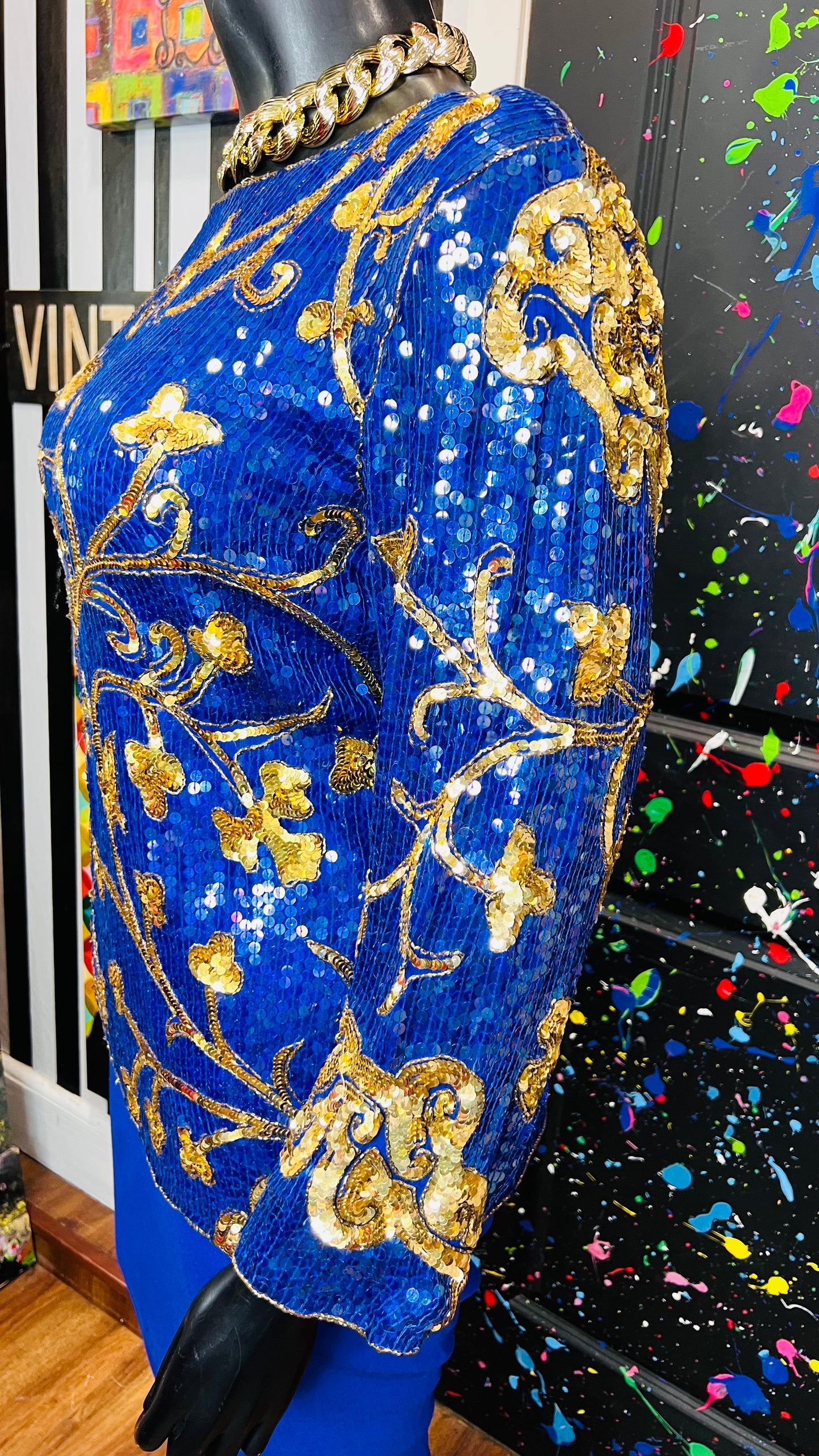 Vintage Blue & Gold Sequin Blouse (14)