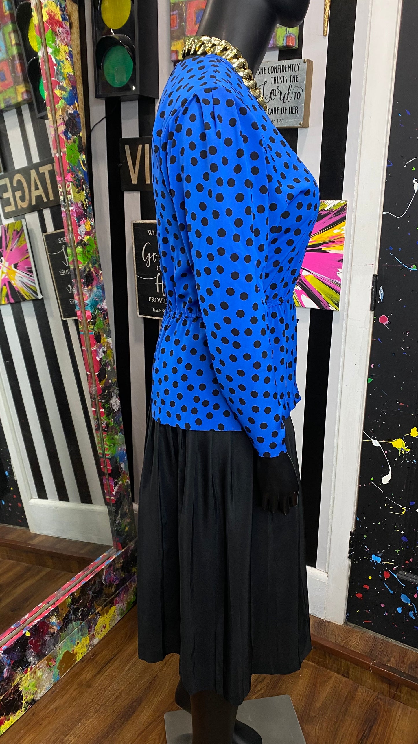 Vintage Black & Blue Polka Dot Dress (12)