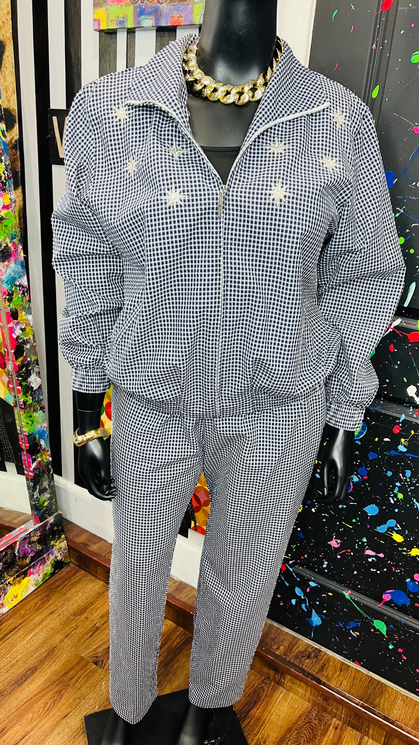 Vintage Navy Blue & White Checkered Pants Set (18)
