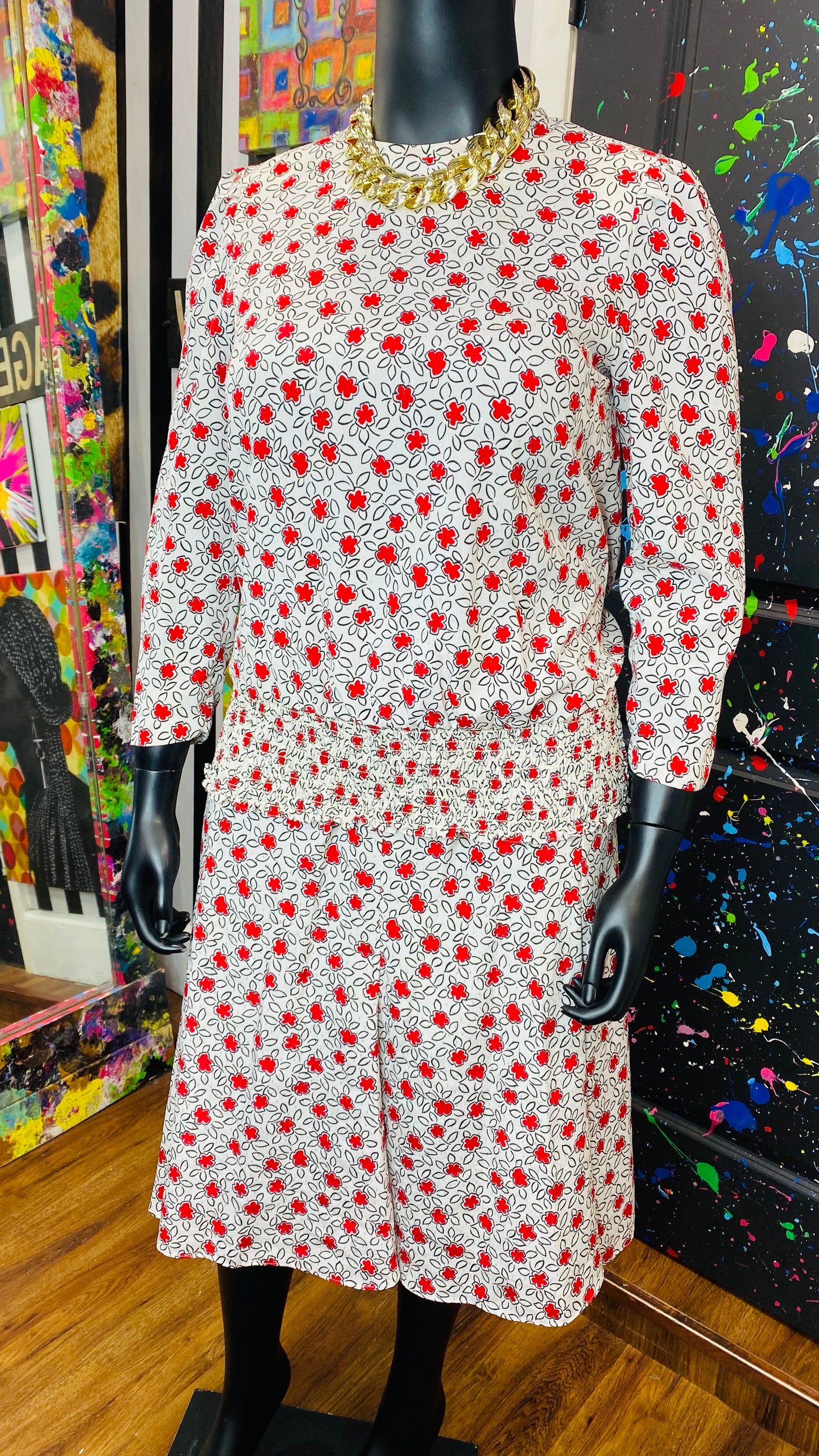 Vintage Red White & Black Floral Skirt Set (12)