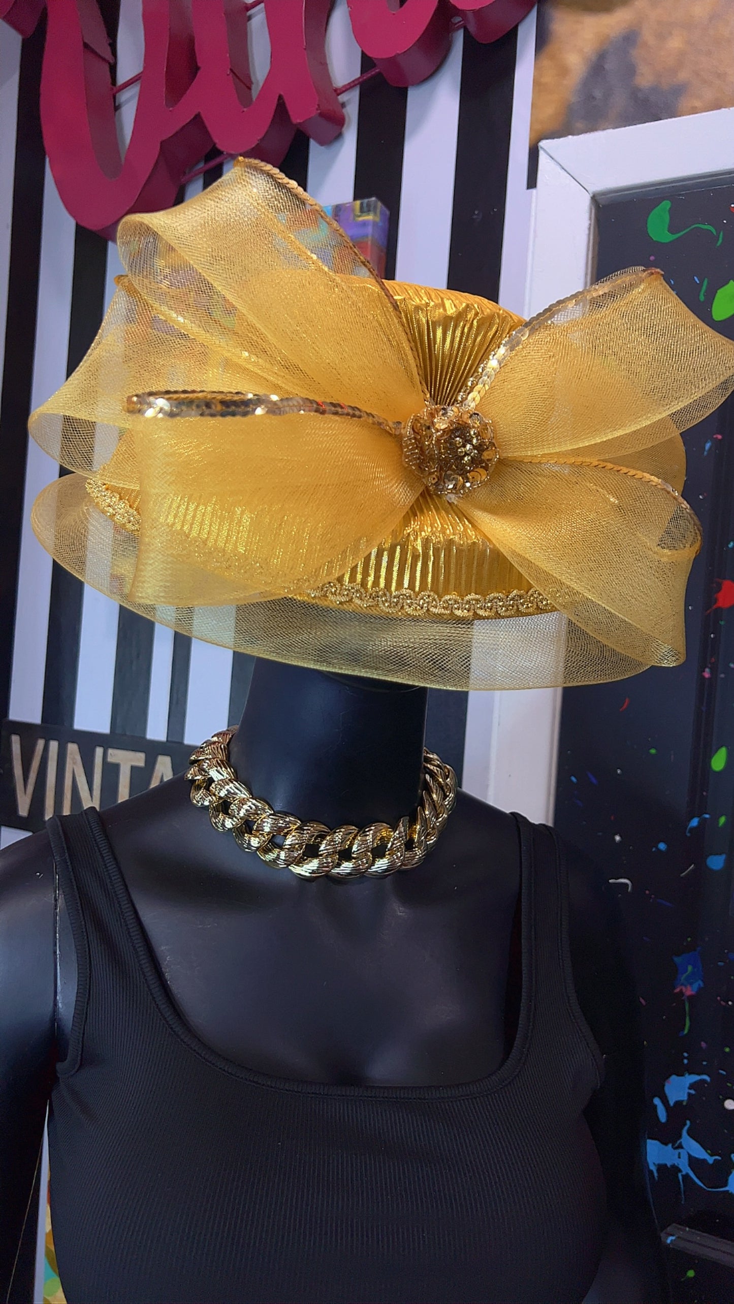 Vintage Straw & Sequin Gold Bow Hat