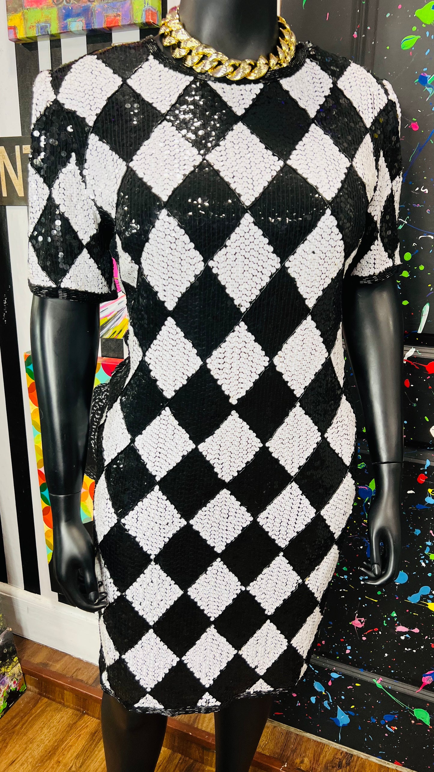 Vintage Black & White 100% Silk Sequin Dress (14)