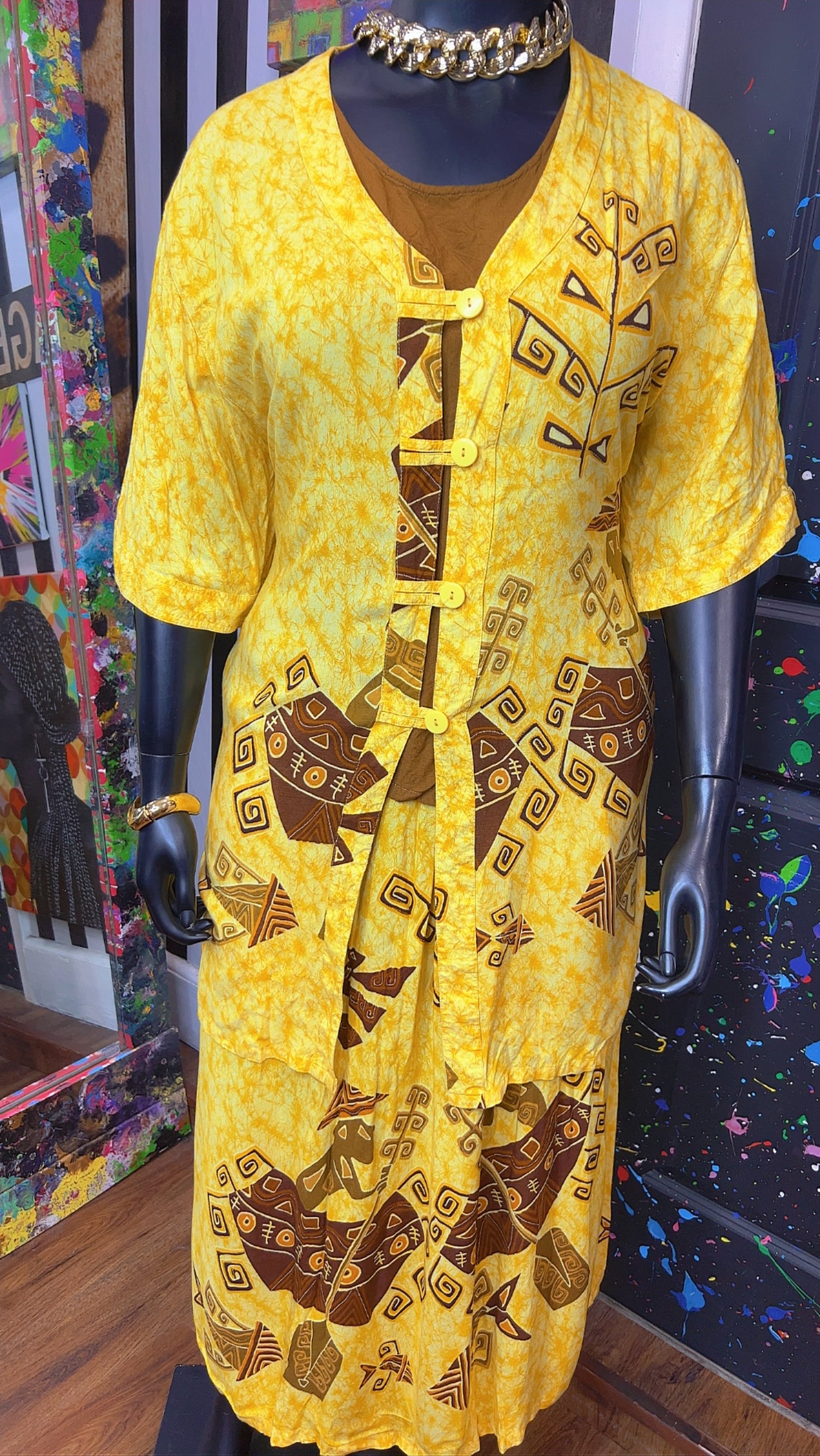 Vintage Rayon Tribal Yellow Skirt Set (18)
