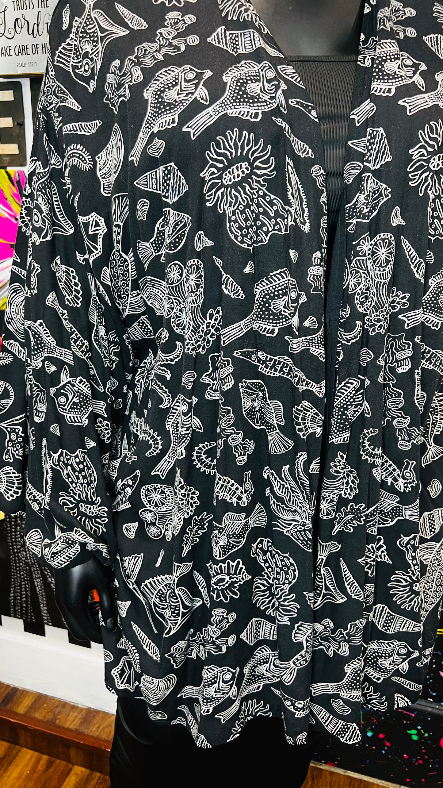 Vintage Fish Black & White Rayon Duster (OS)