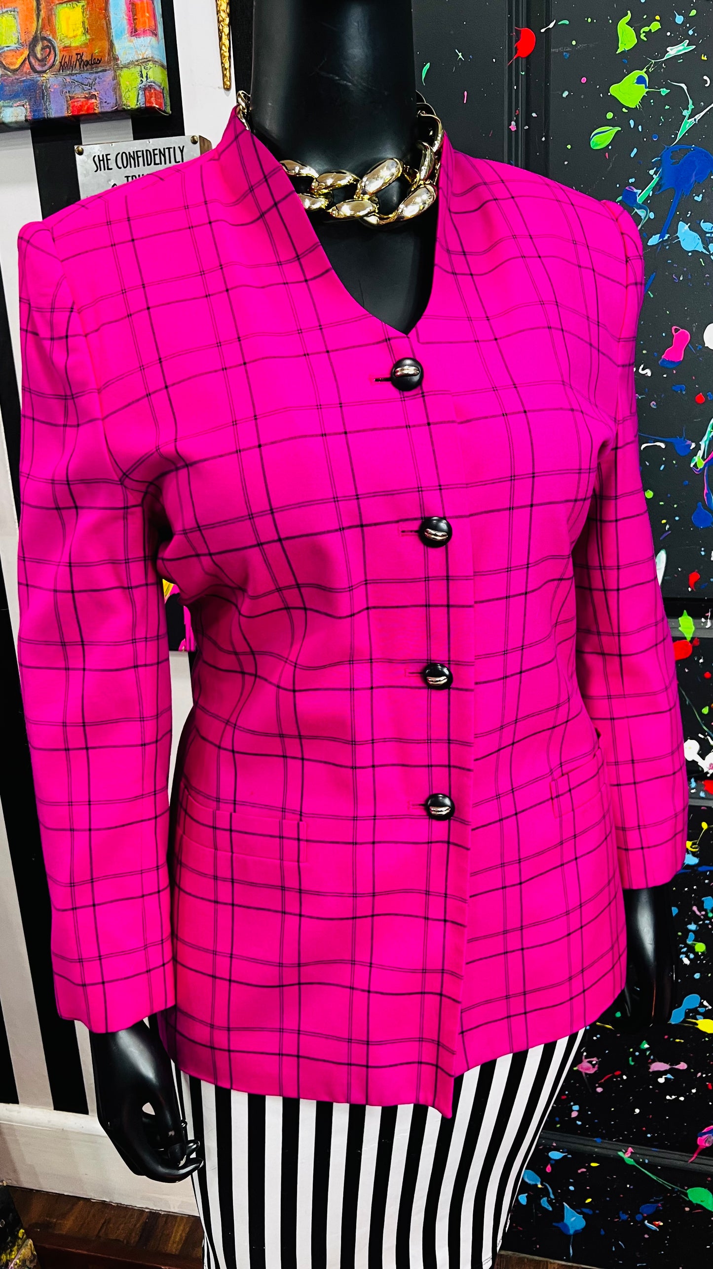 Vintage Pink & Black Striped Blazer Blouse (18)