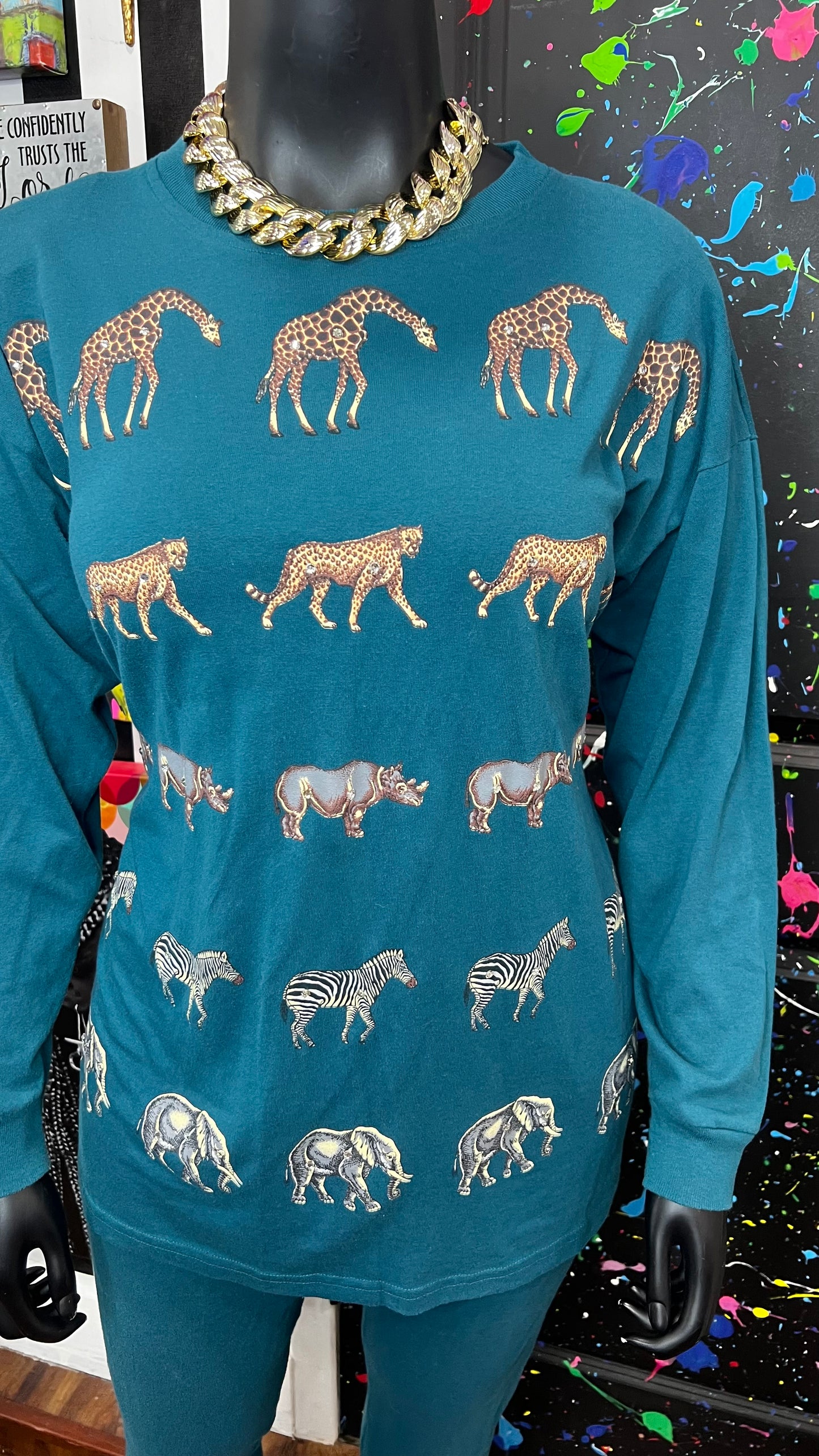 Vintage Cotton Animal Print & Jewel Top Pants Set