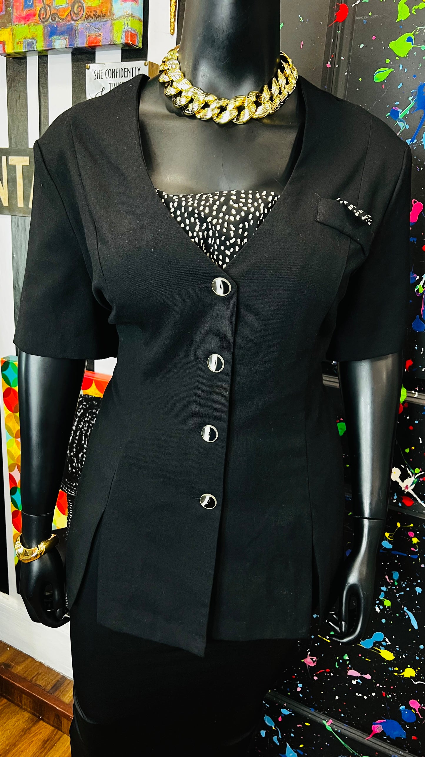 Vintage Black & Polka Dot Blazer Blouse (24W)