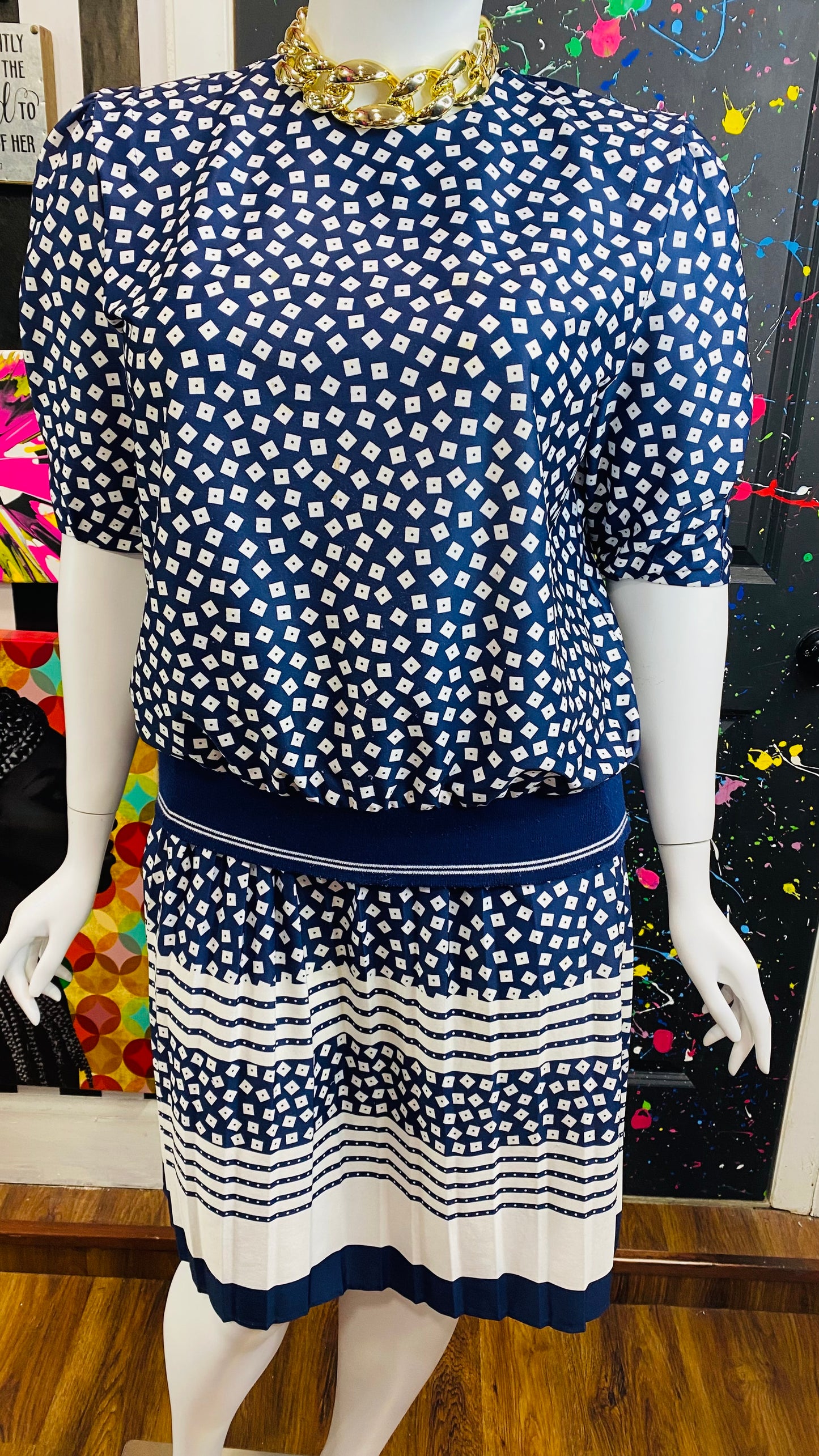 Vintage Navy Blue Polka Dot & Squares Skirt Set (18)