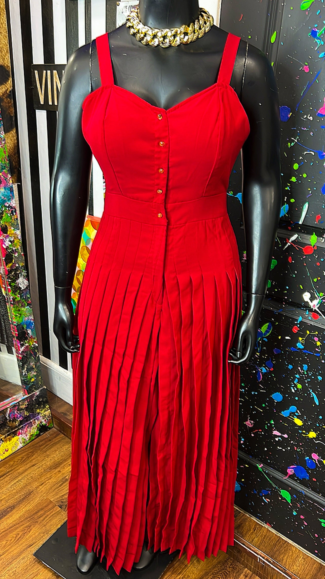 Vintage Red Pleated Pants Jumpsuit (14/16)