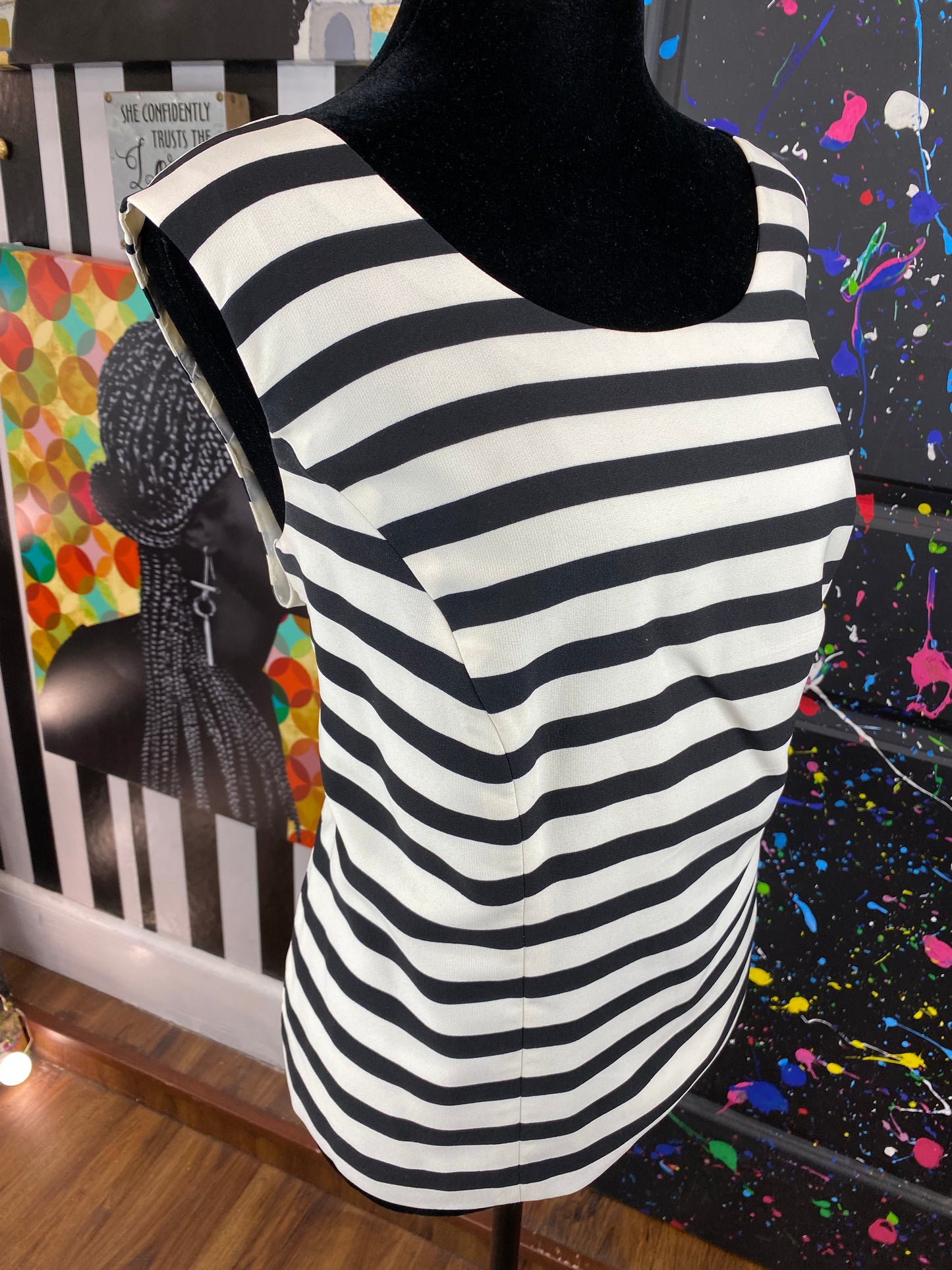Vintage White & Black Striped Sleeveless Blouse