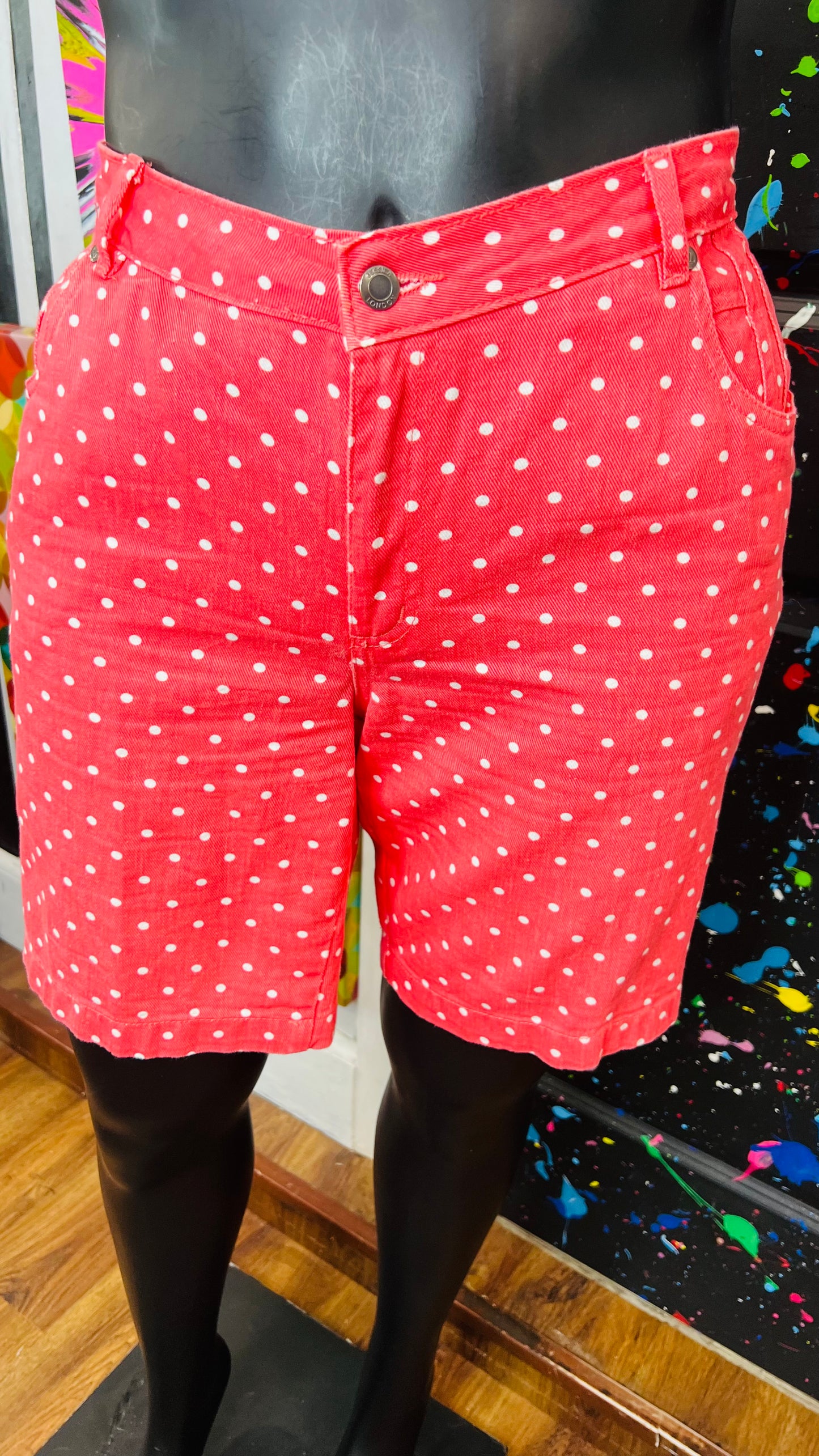 Vintage Salmon & White Polka Dot Denim Shorts (14W)