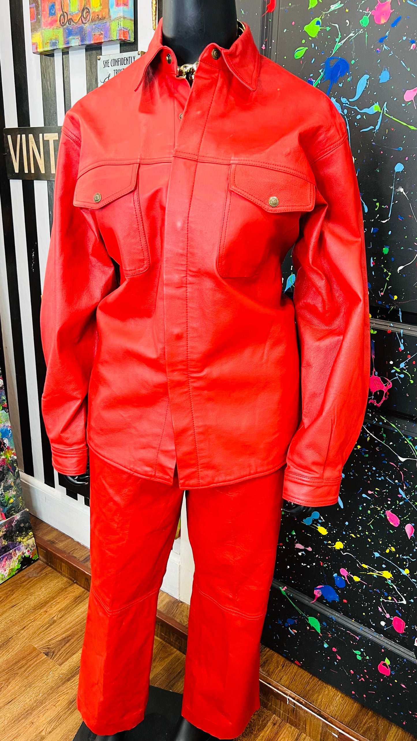 Vintage Red Genuine Leather Pants Set (16/18)