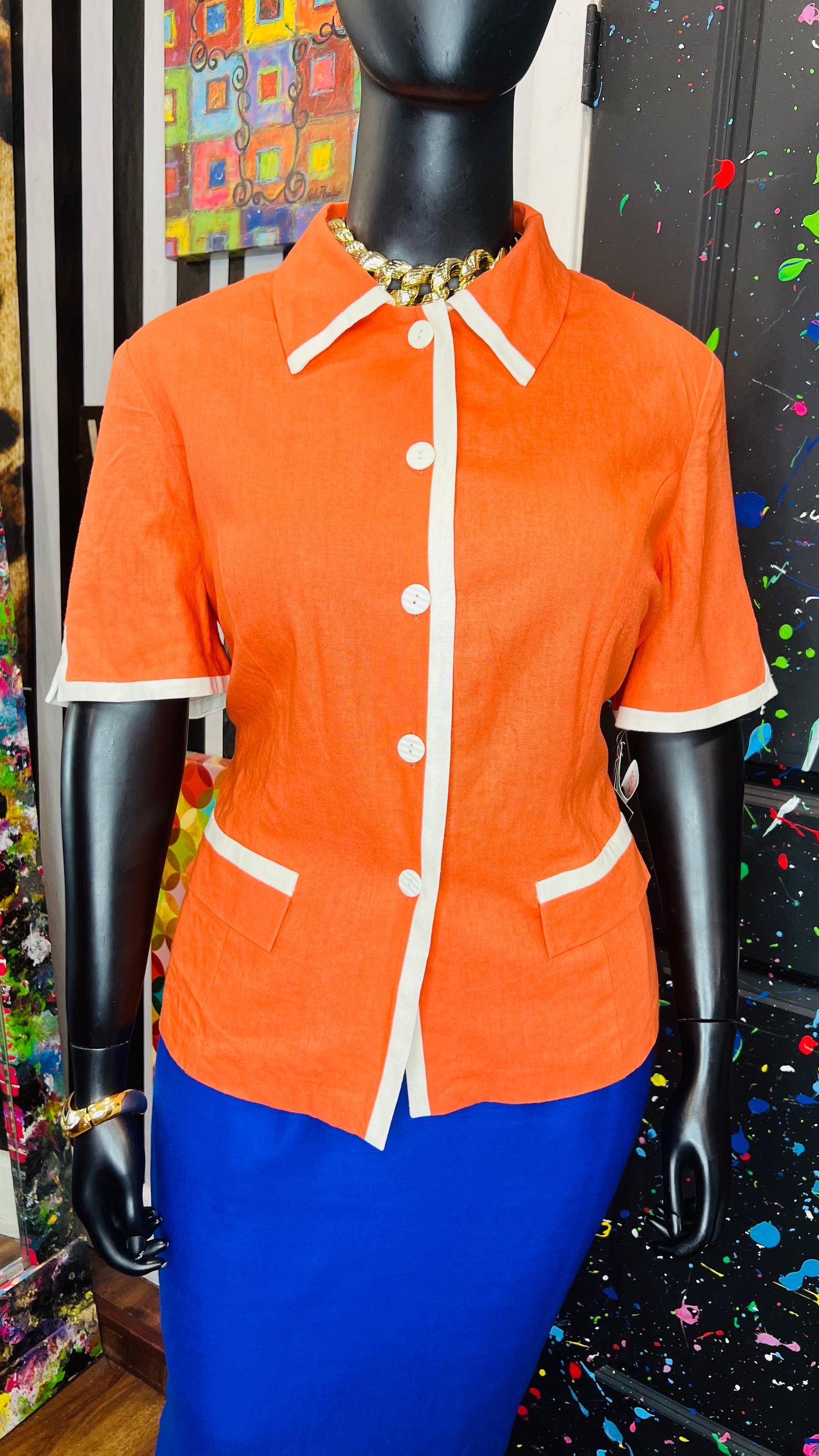 Vintage Deadstock Orange & White Blazer Blouse (20W)