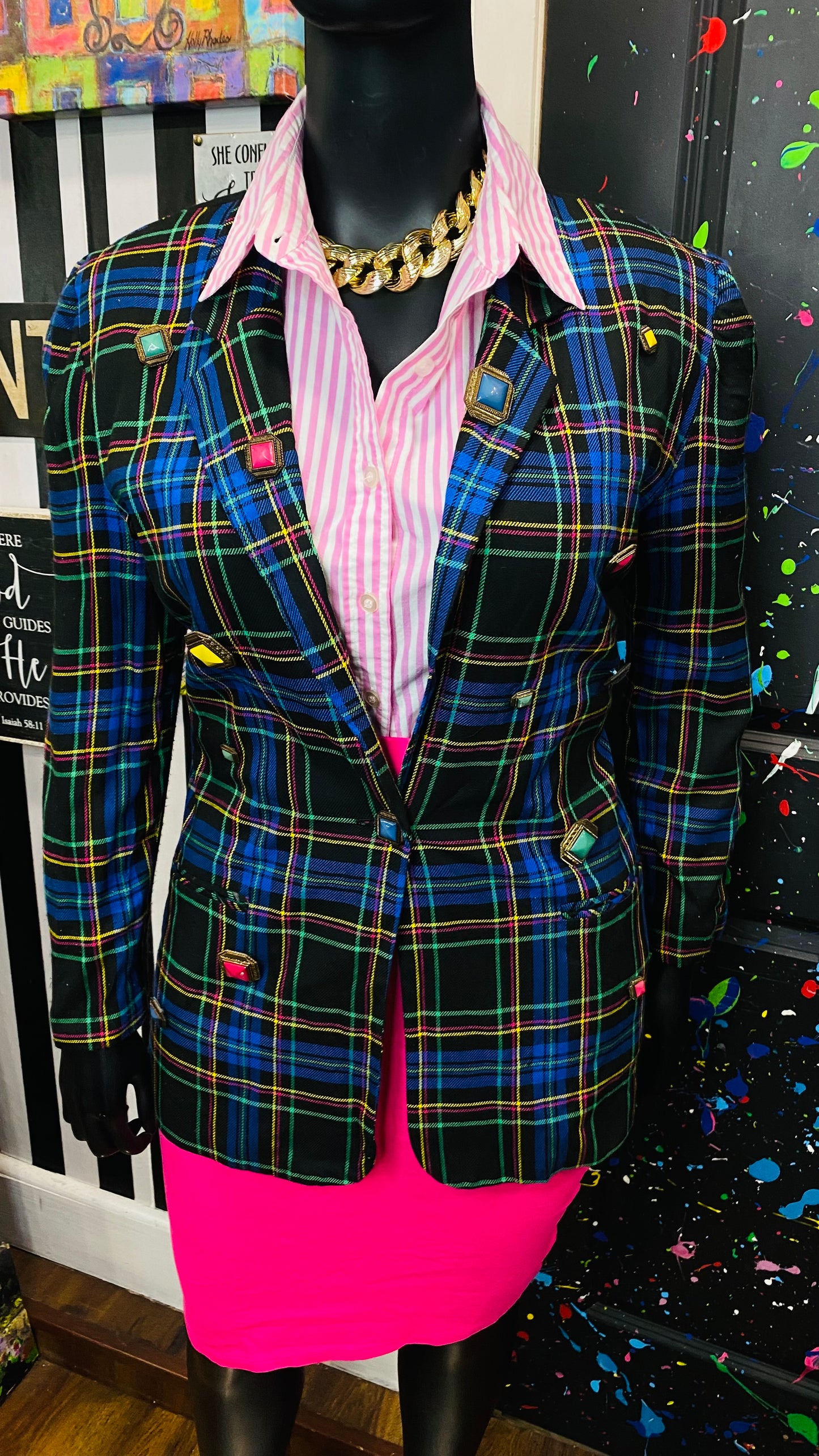 Plus Size Vintage Plaid Button Blazer (14)