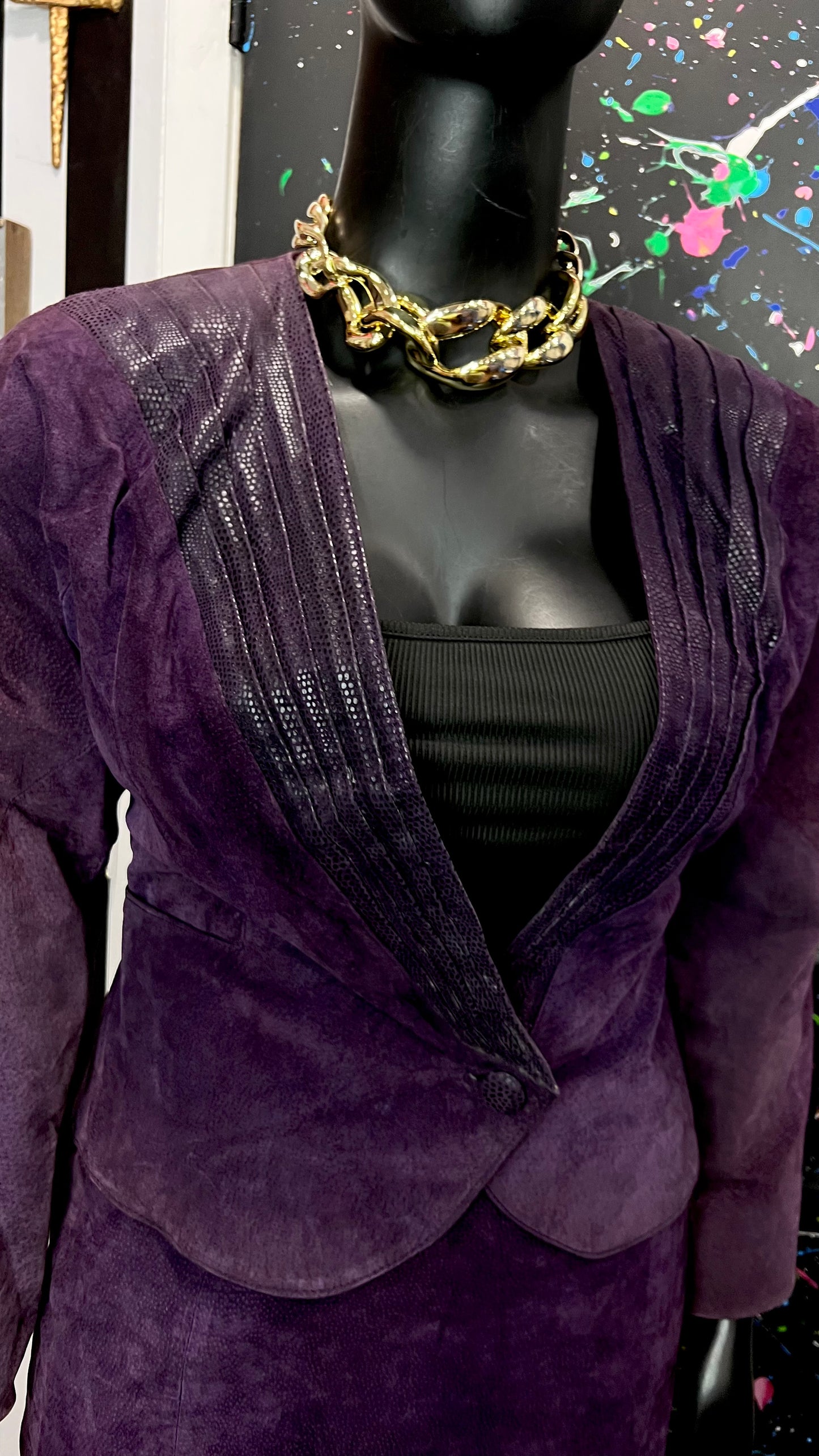 Vintage Purple Genuine Suede Leather Skirt Suit (14/16)