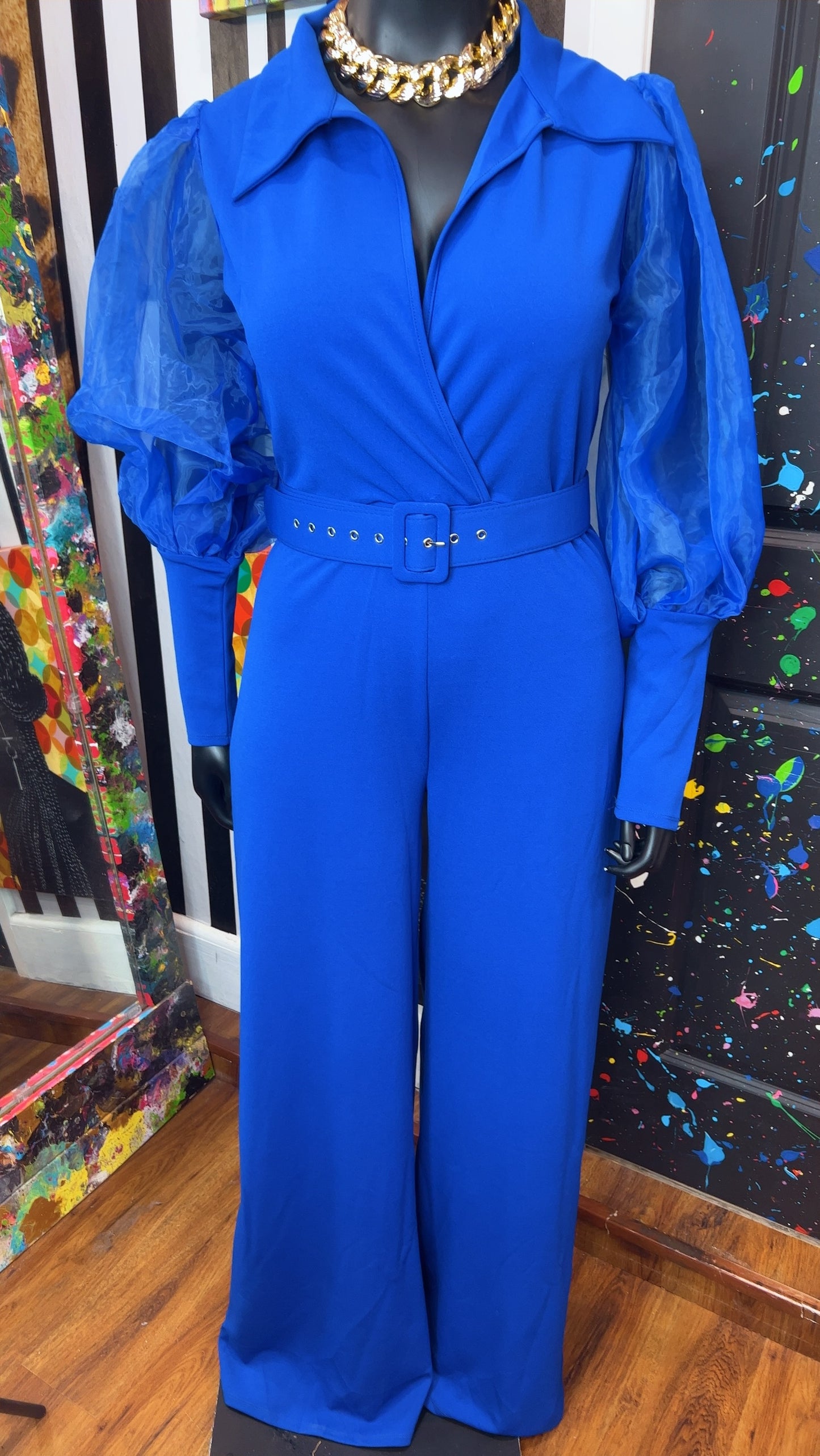 Cobalt Blue Sheer Arms Jumpsuit -New w/ Tags (14/16)